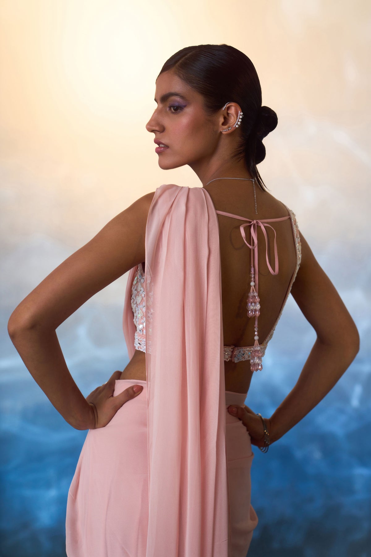 Dusty Peach Drape Saree Set