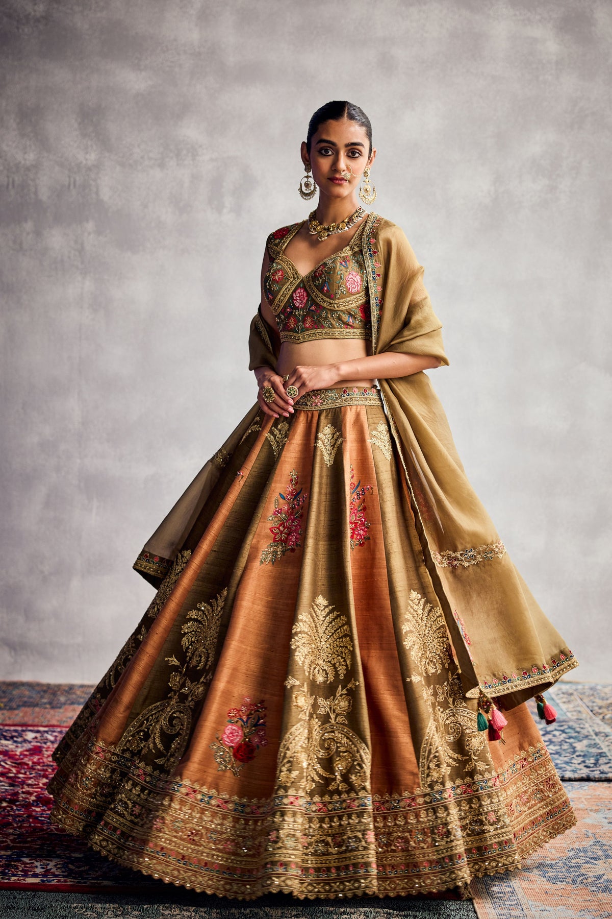 Green &amp; Orange Lehenga Set