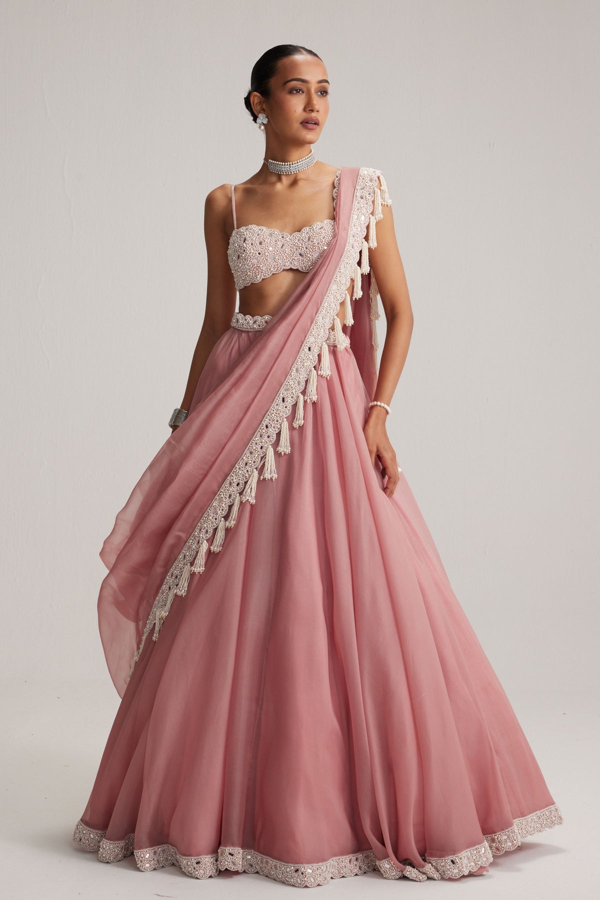 Dusty Rose Mirror and Pearl Lehenga Set