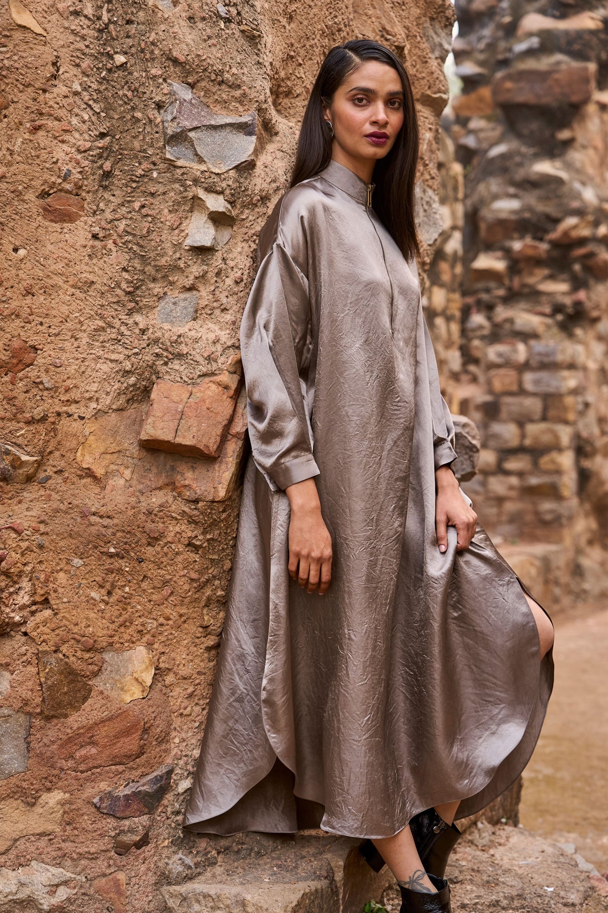 Grey Zip Neck Midi Dress