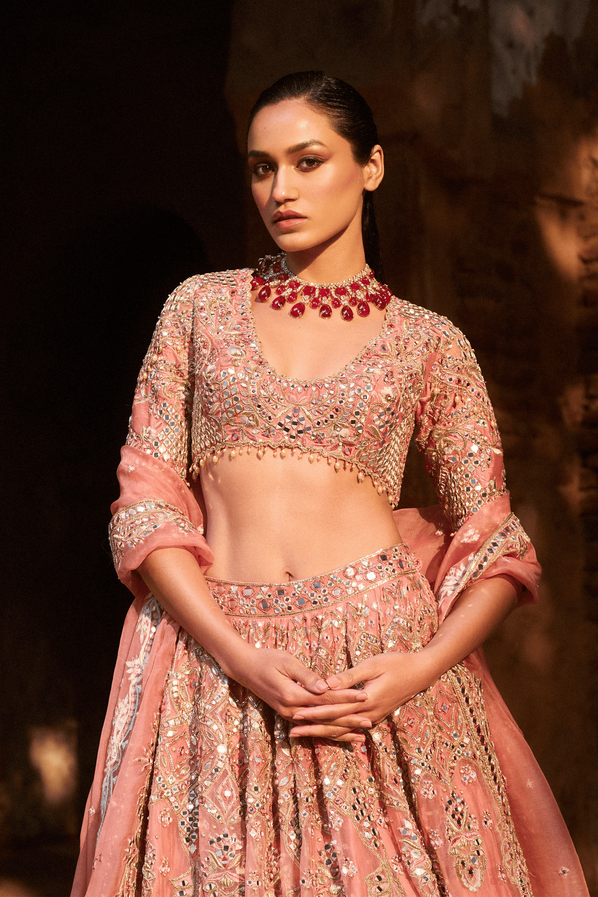 Sunkissed Coral Organza Lehenga Set