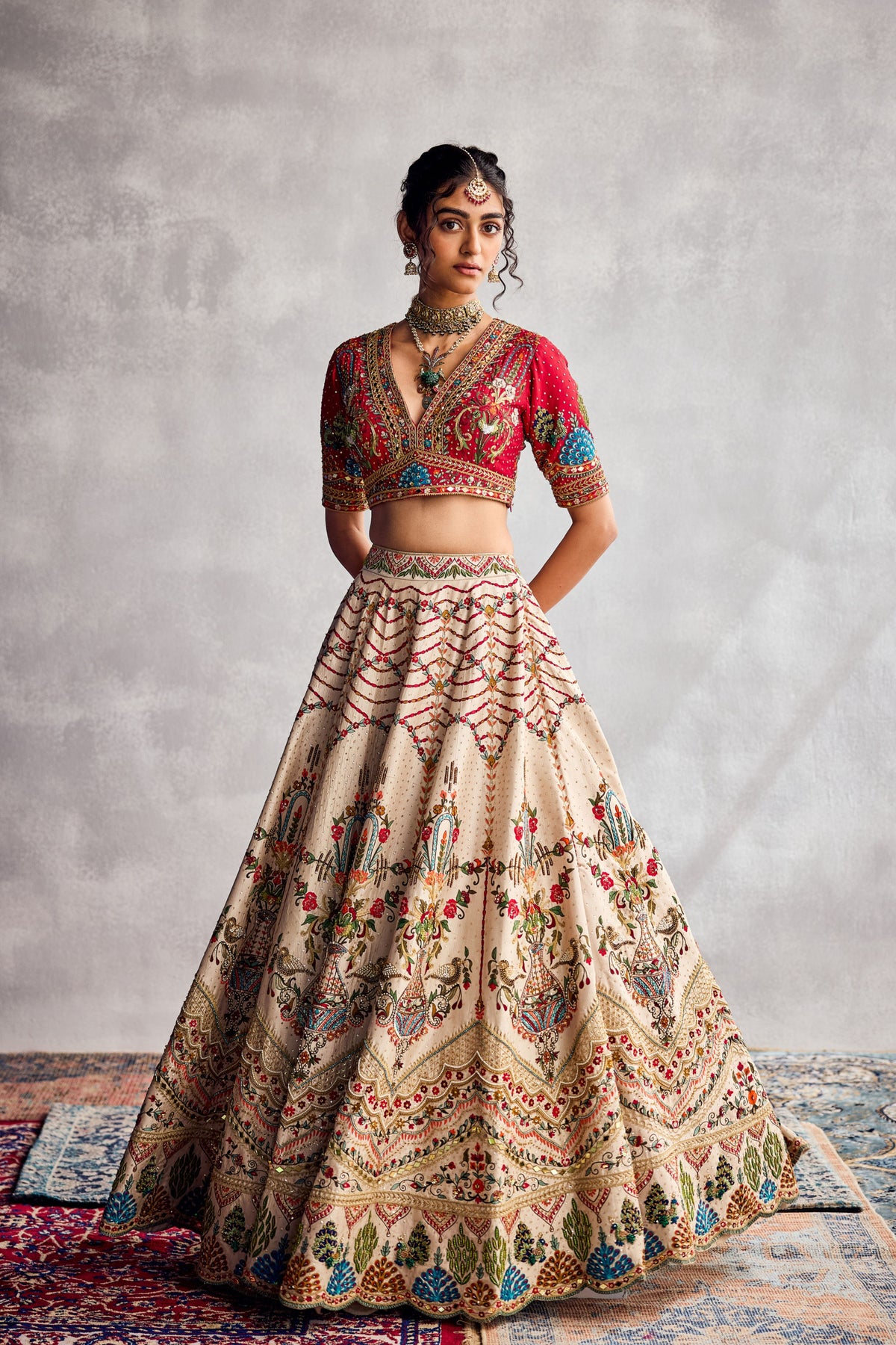 Ivory and Red Lehenga Set