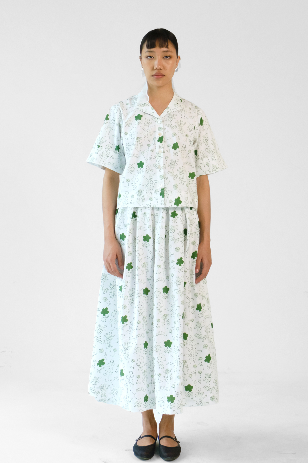 White and Green Skirt Set