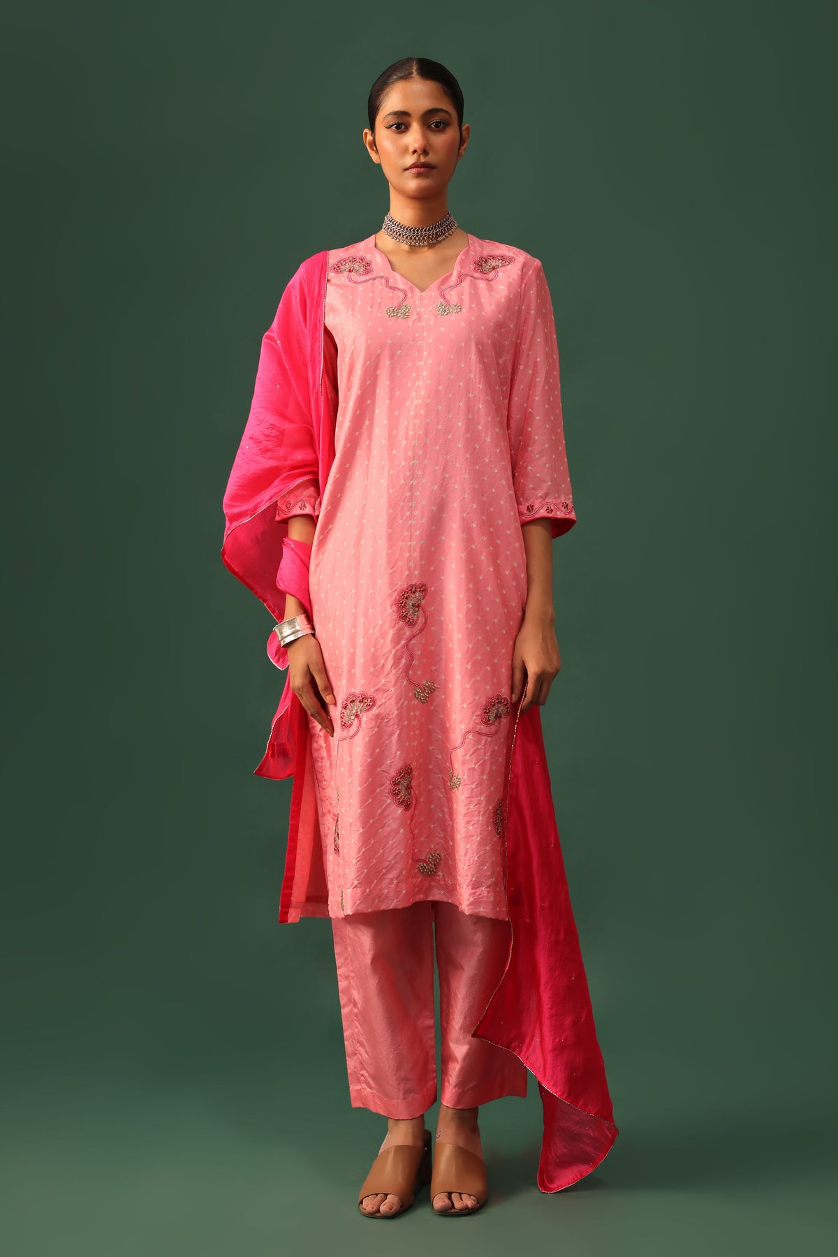 Pink Bandhani Aari Kurta Set