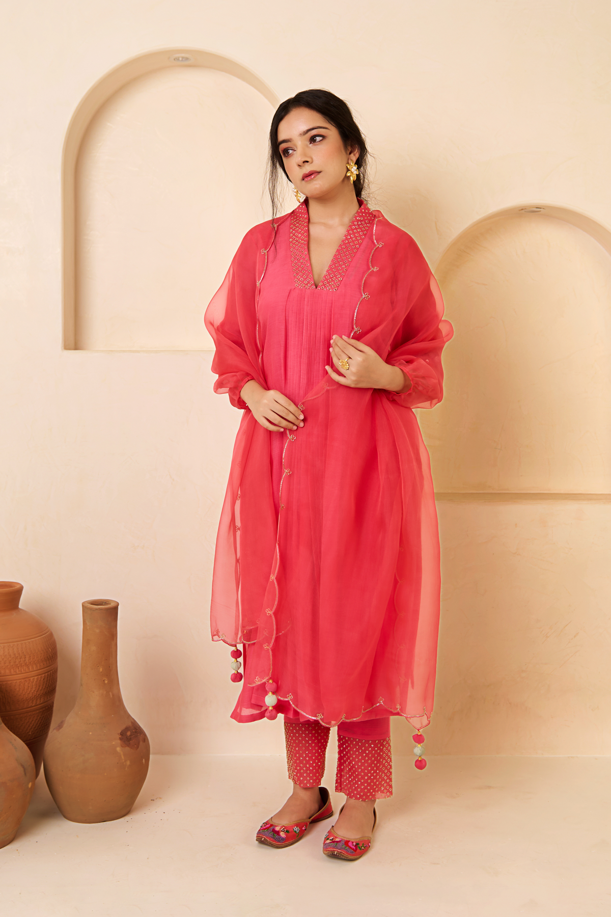 Rose Pink V-neck Kurta Set