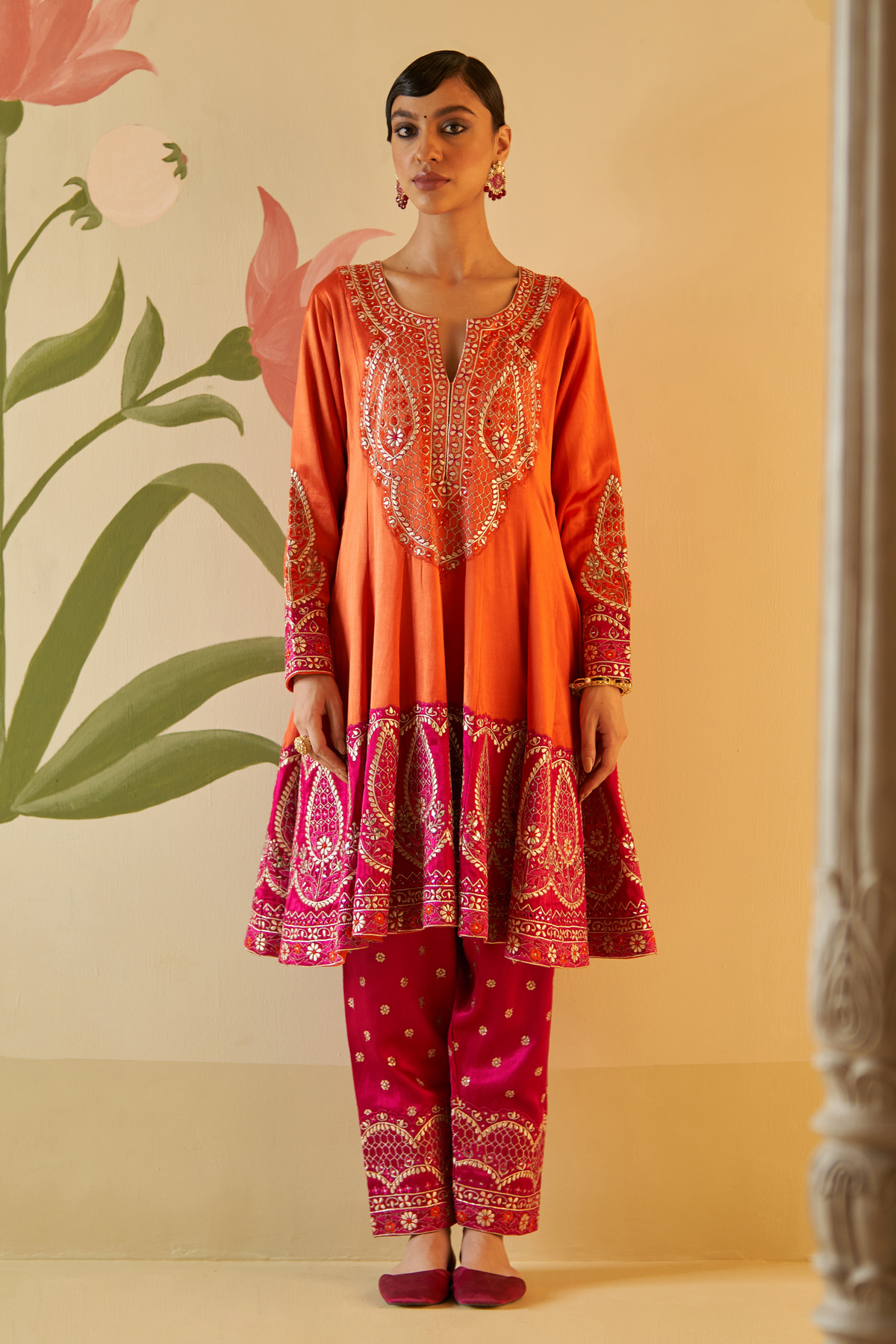Orange Satin Silk Anarkali Set