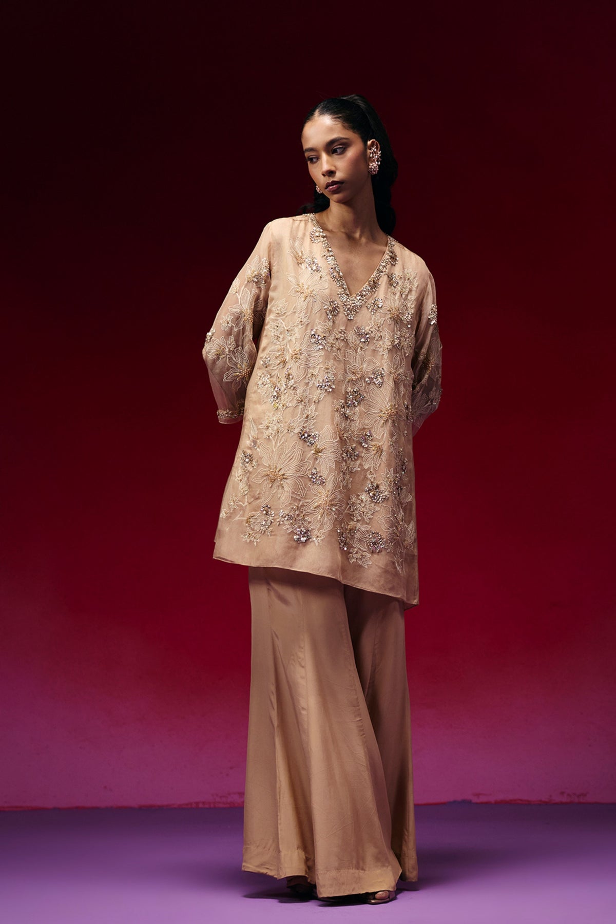 Gold Floral Embroidered Sharara Set