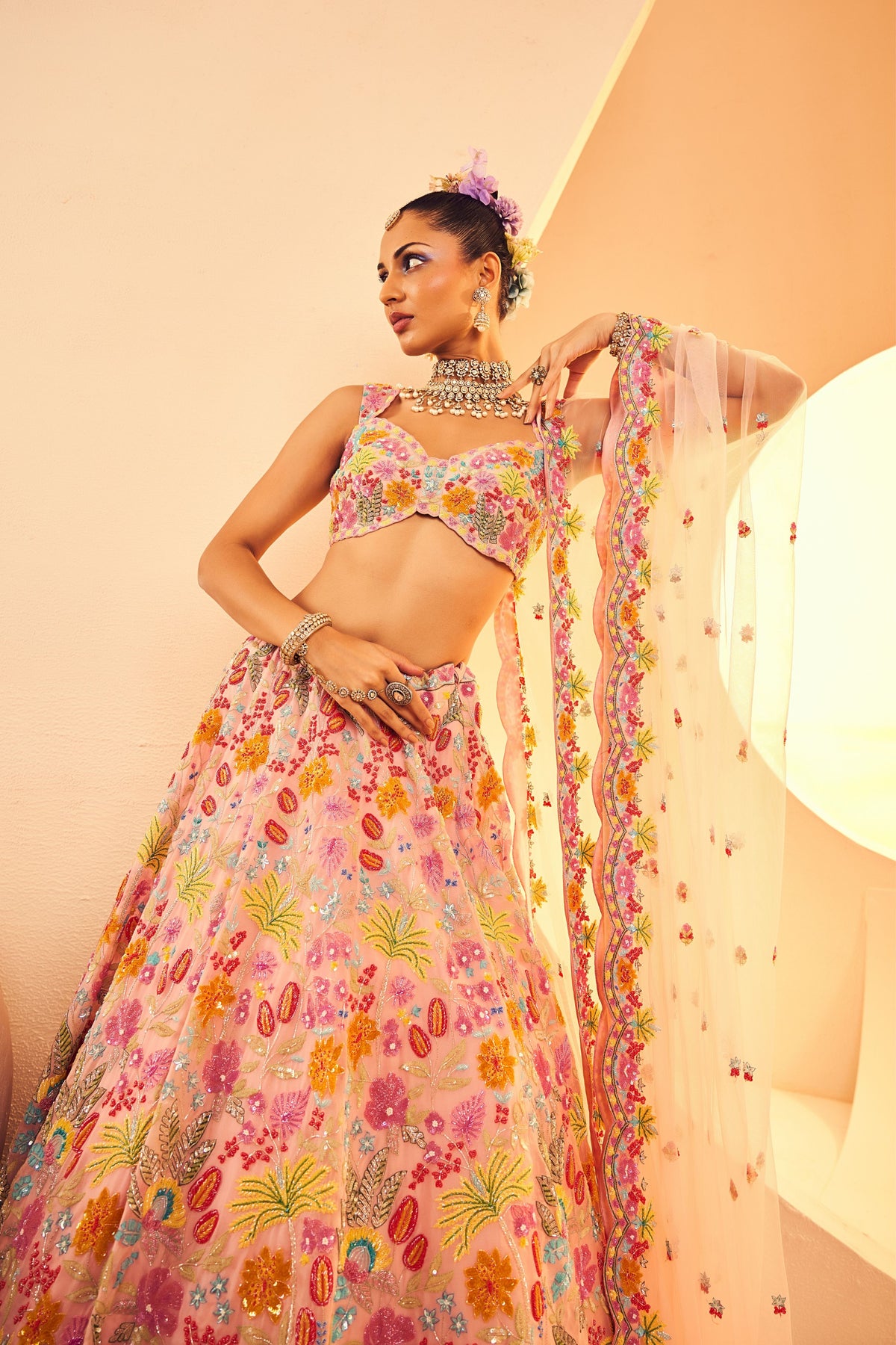 Peach Multifoilage Lehenga