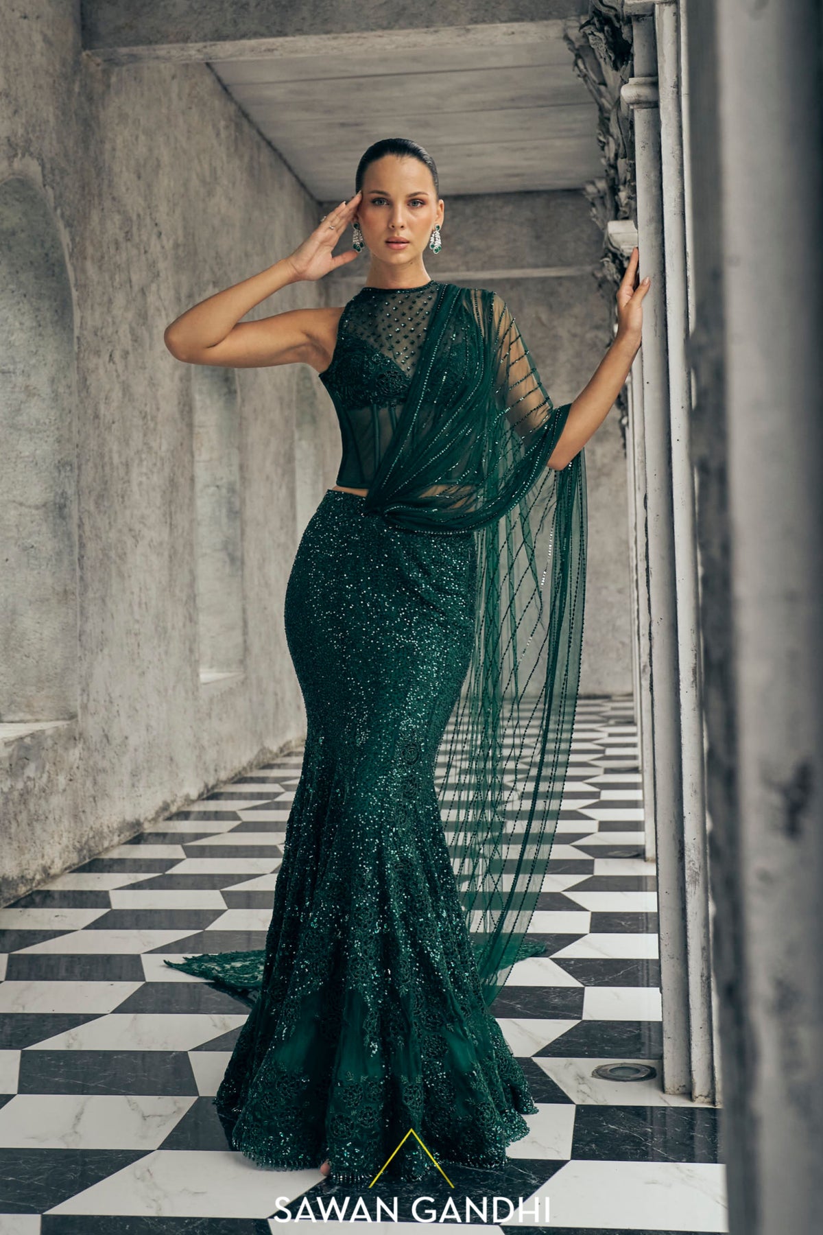Bottle Green Drape Saree Set