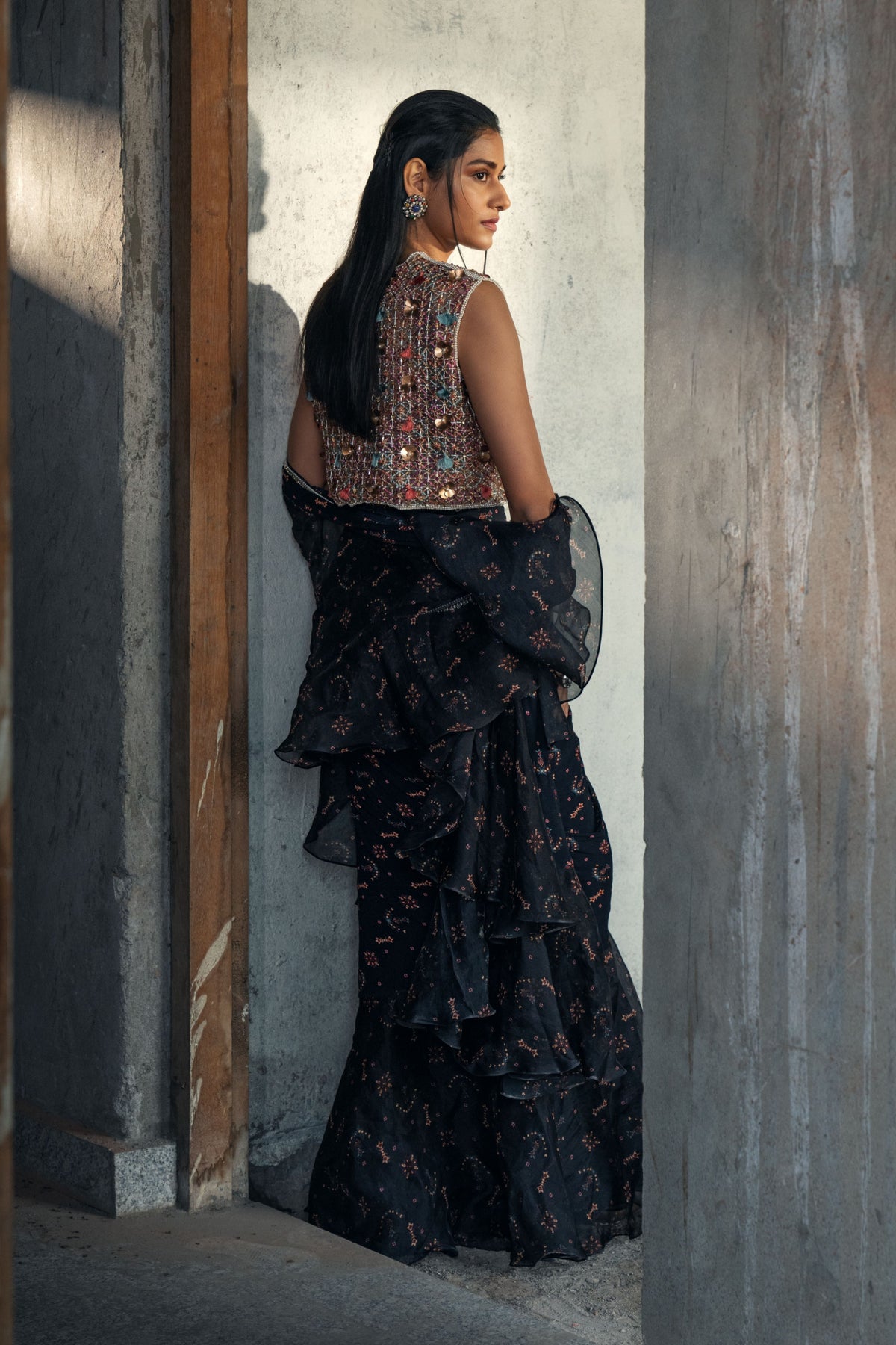 Midnight Black Buta Prestitched Saree