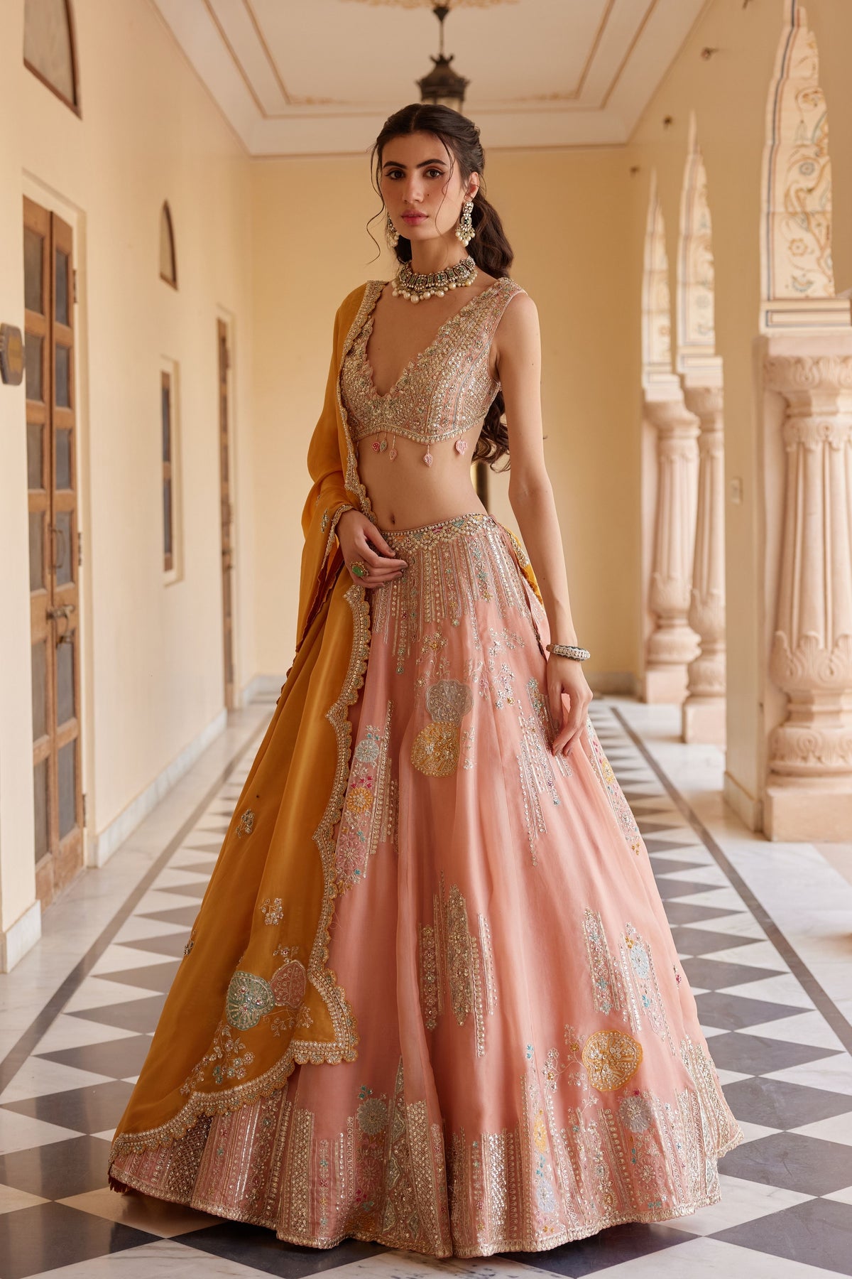 Salmon Peach Embroidered Lehenga Set