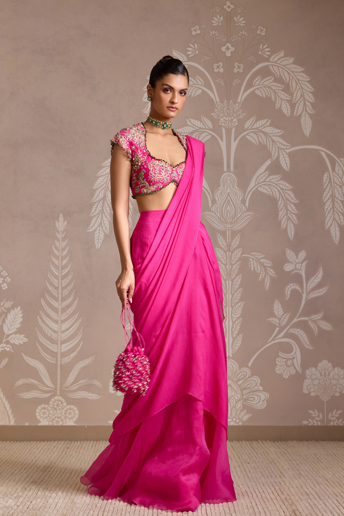Bright Fucshia Drape Saree Set
