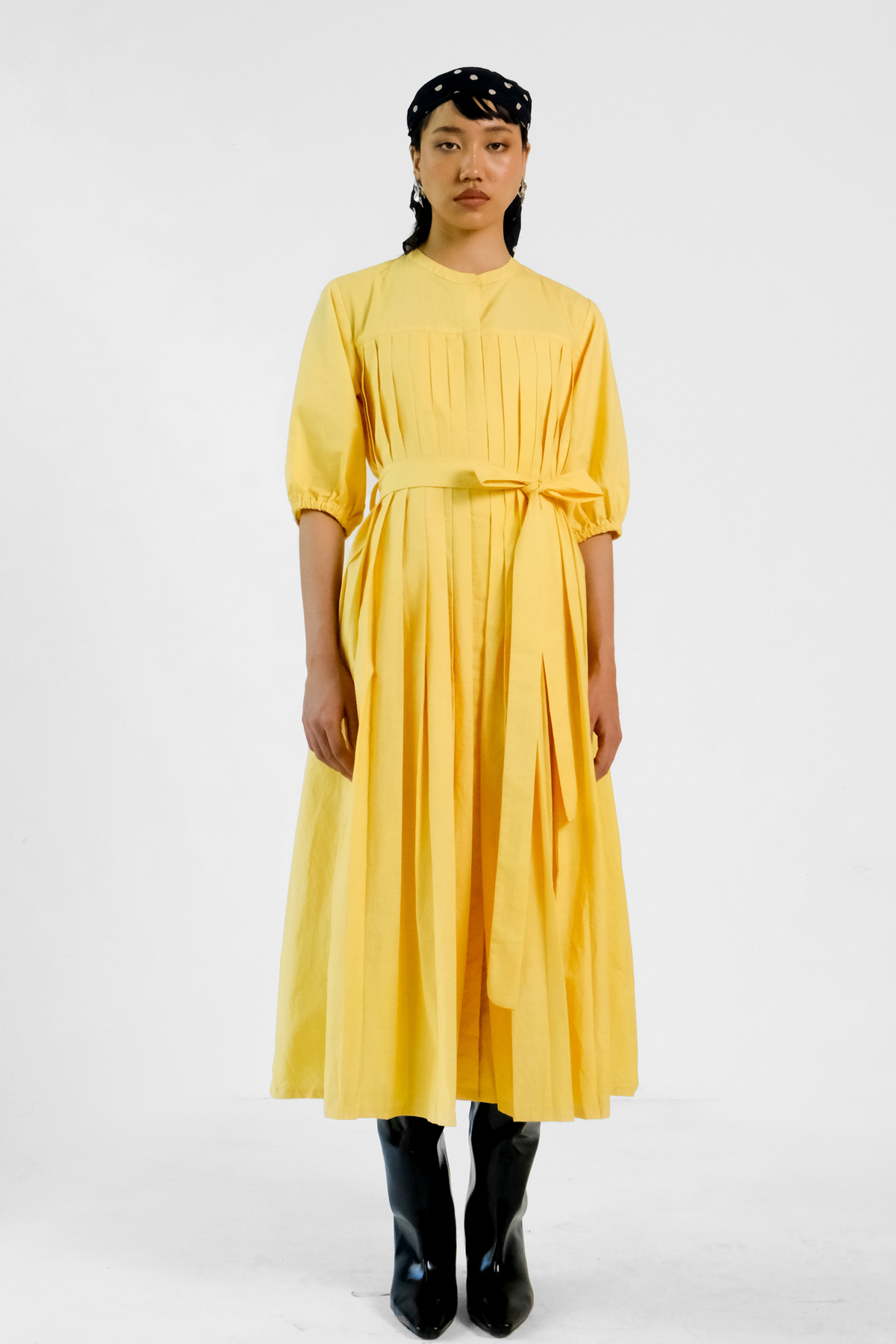 Yellow Pleated Belt Dress