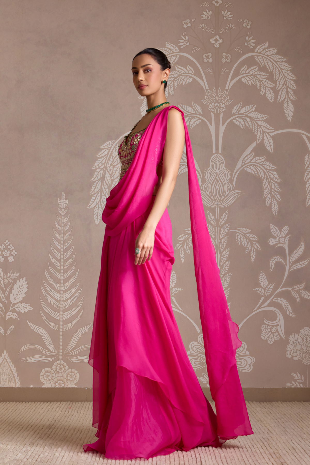 Bright Fucshia Drape Saree Set