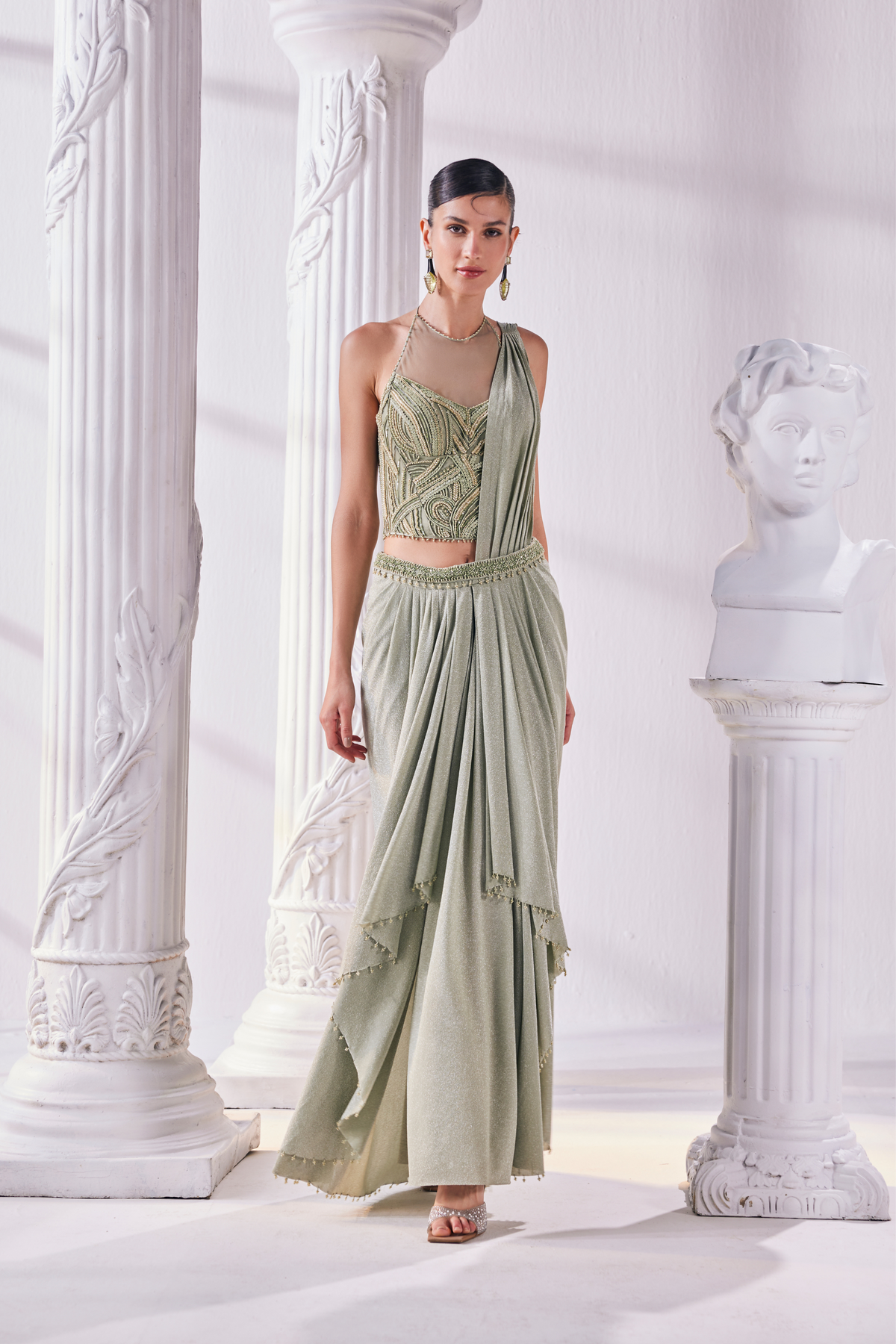 Jade Green Drape Saree With Belt