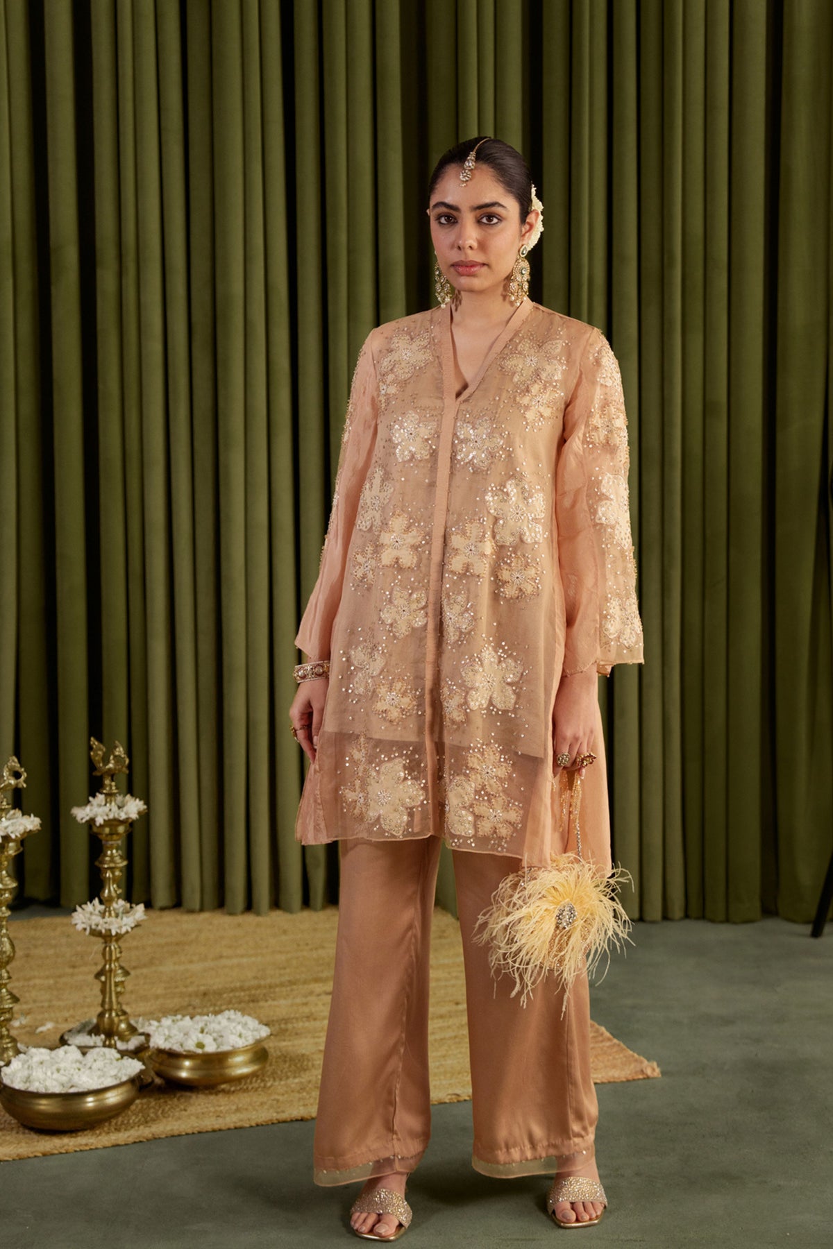 Golden Beige Floral Kurta Set