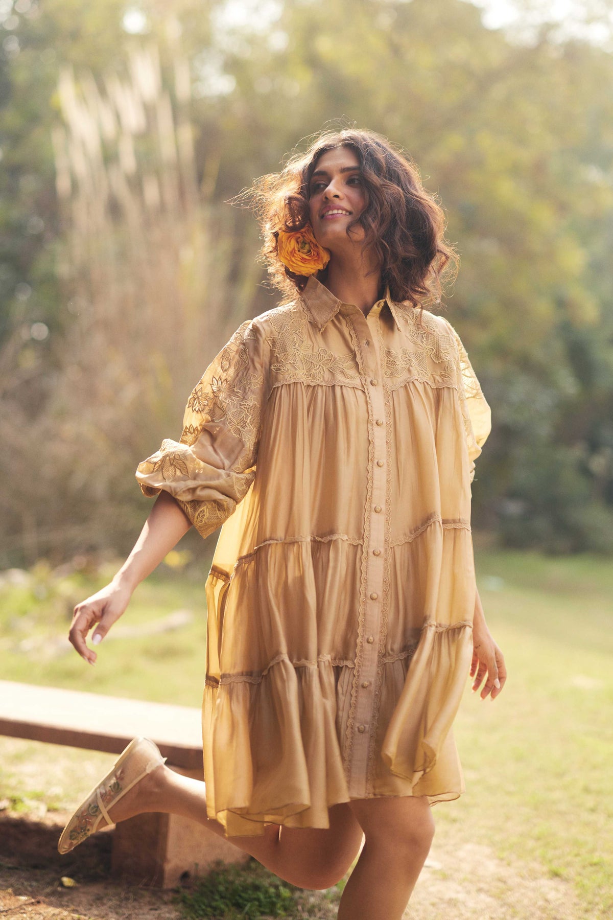 beige Airy Short Dress