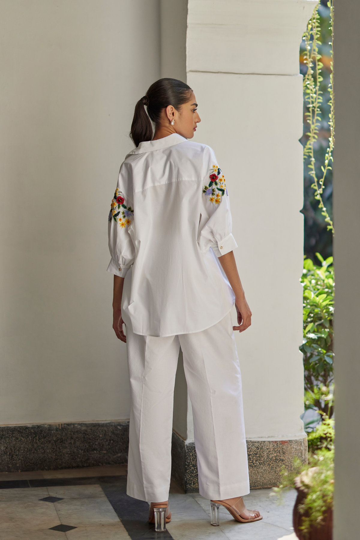 White Bouquet Floral Hand Embroidered Shirt