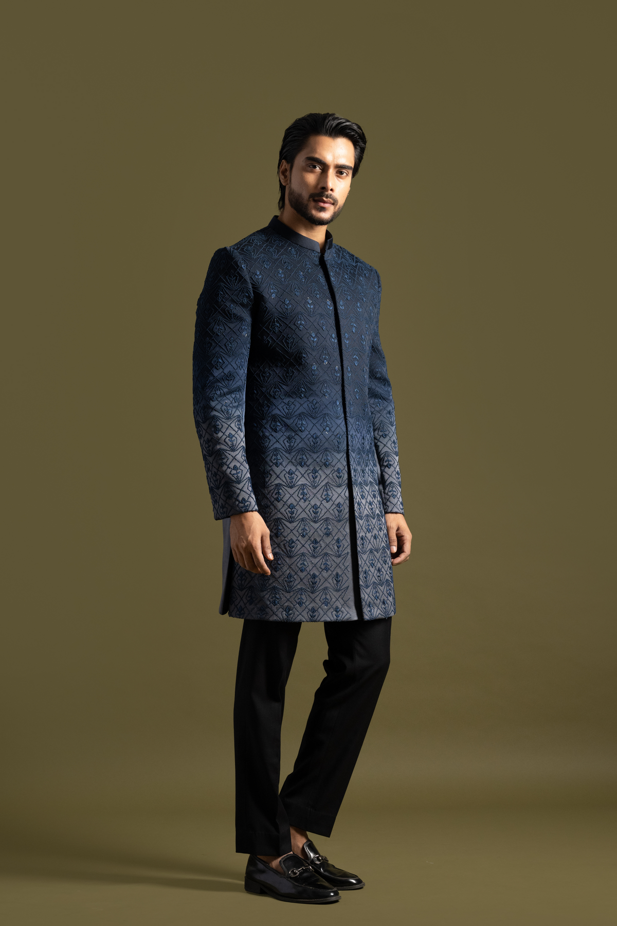 Blue To Grey Shaded Achkan Set