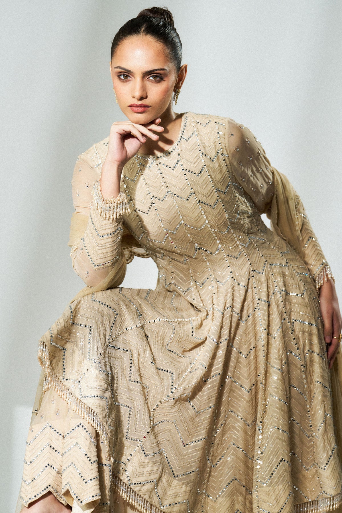 Beige Chevron Sharara Set