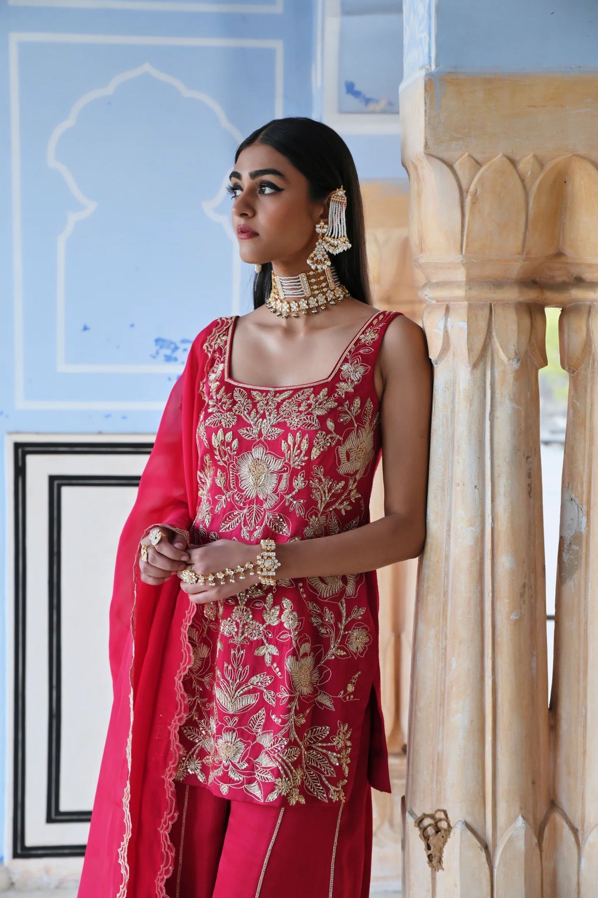 Red Embroidered Kurta Set