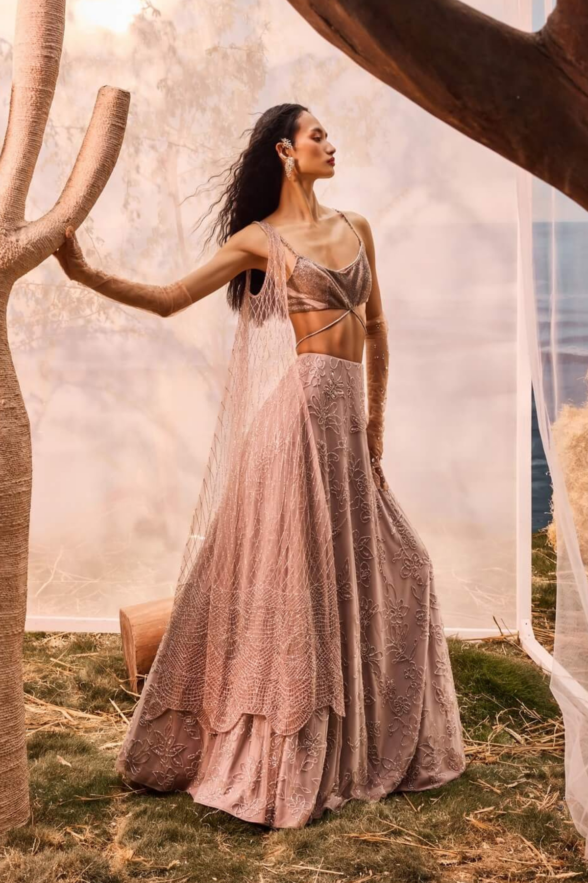 Burnt Pink Embroidered Lehenga Set
