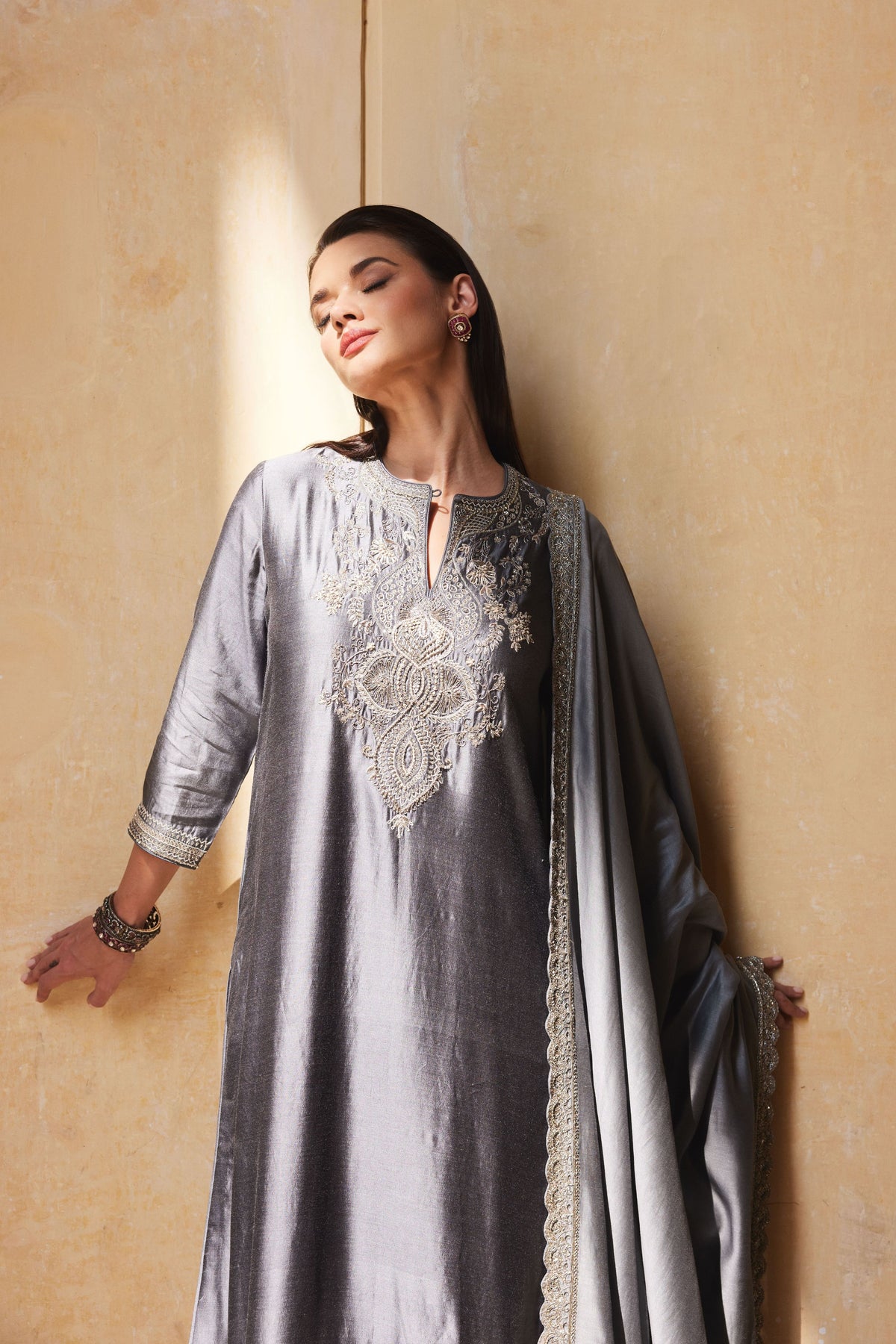 Teal Grey Embroidered Kurta Set