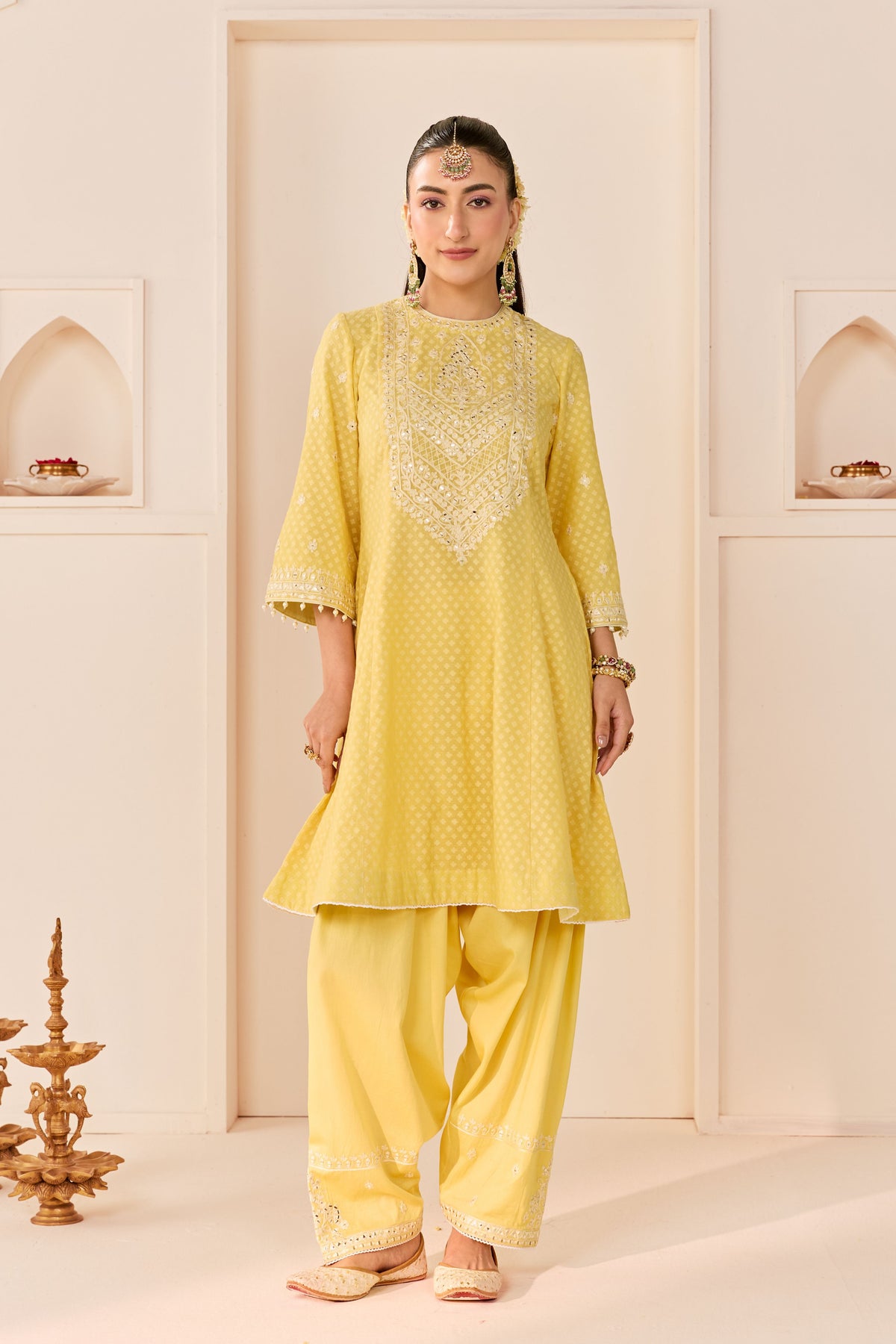 Nida Lemon Yellow Short Choga Set