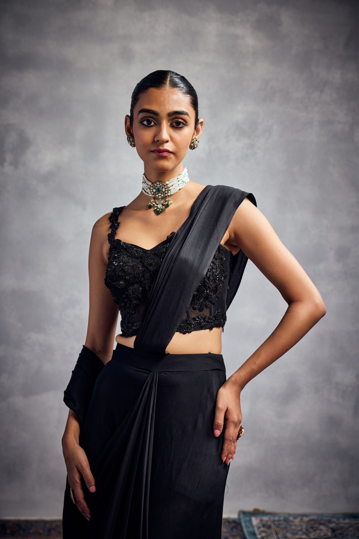 Black Draped Saree Set