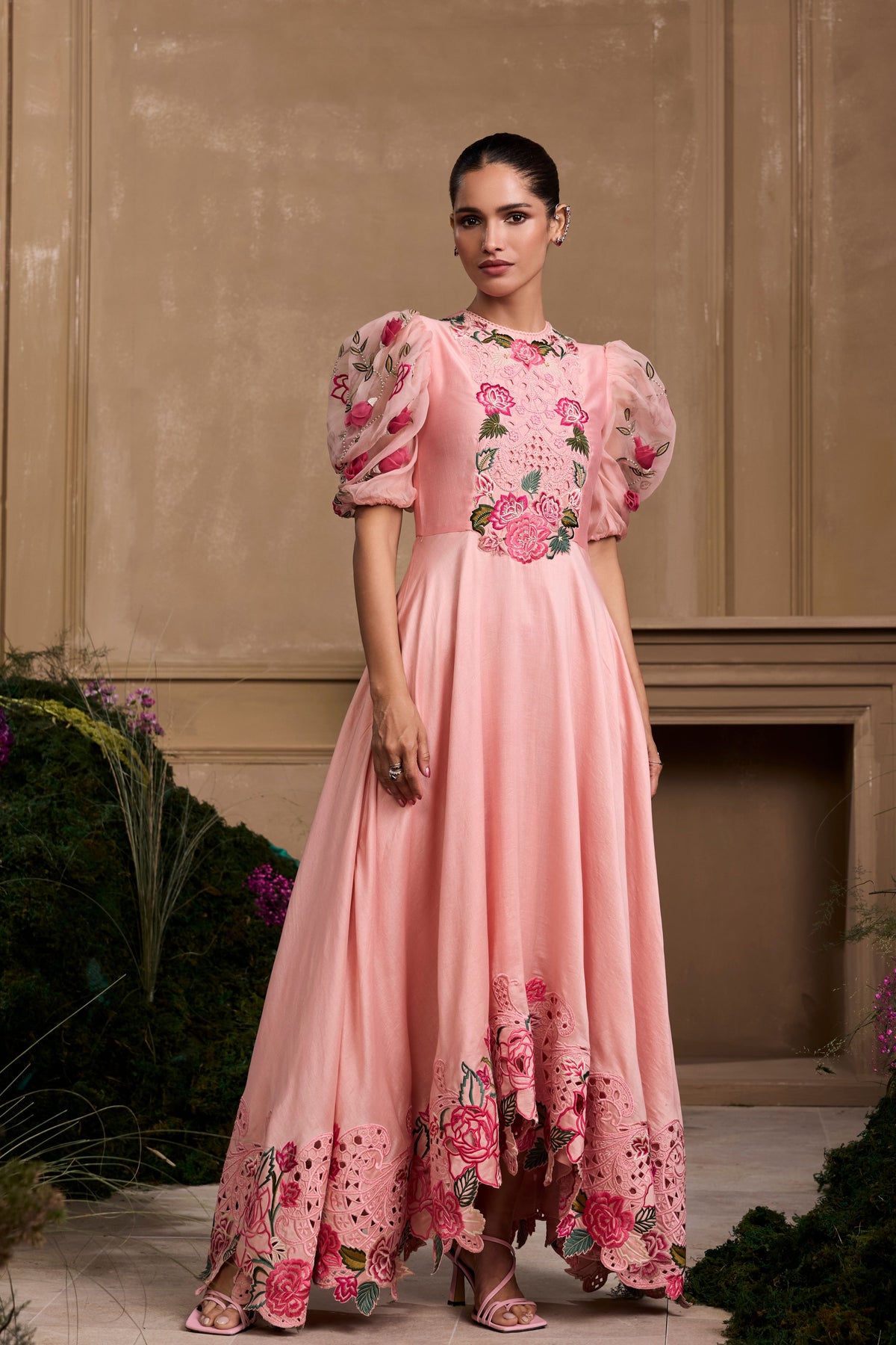 Rose Pink Embroidered Flounce Dress