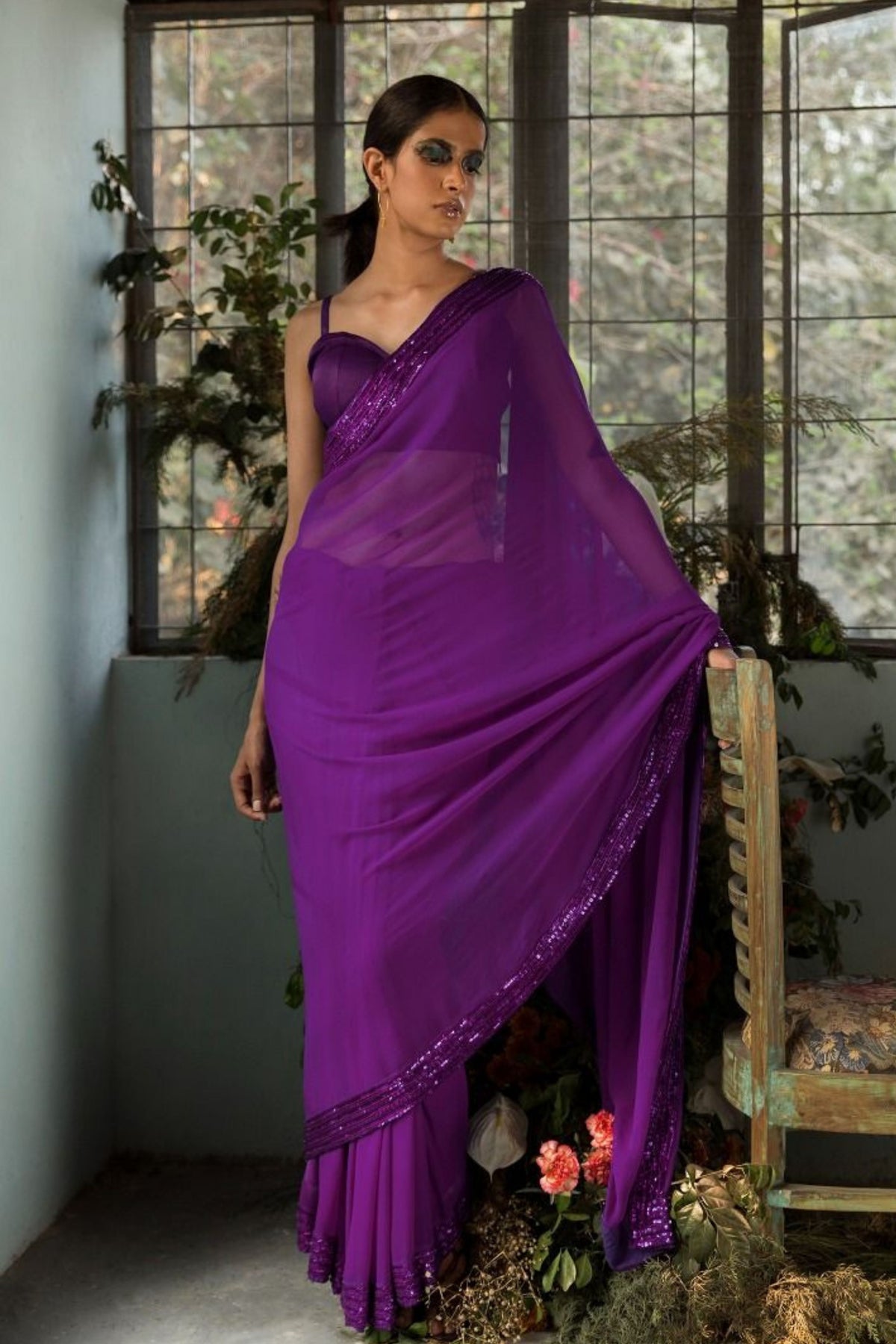 Anamika Eggplant Purple Saree Set