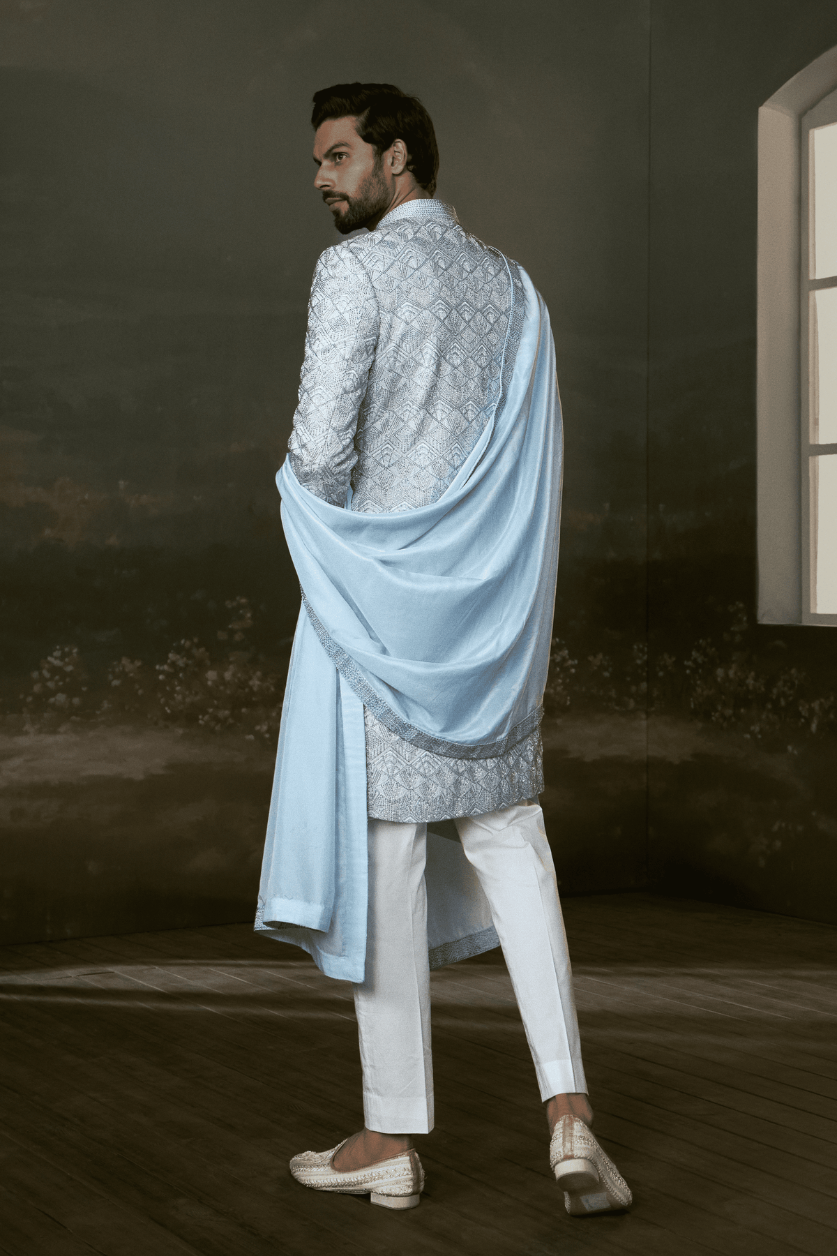 White  embroidered raw silk sherwani Set