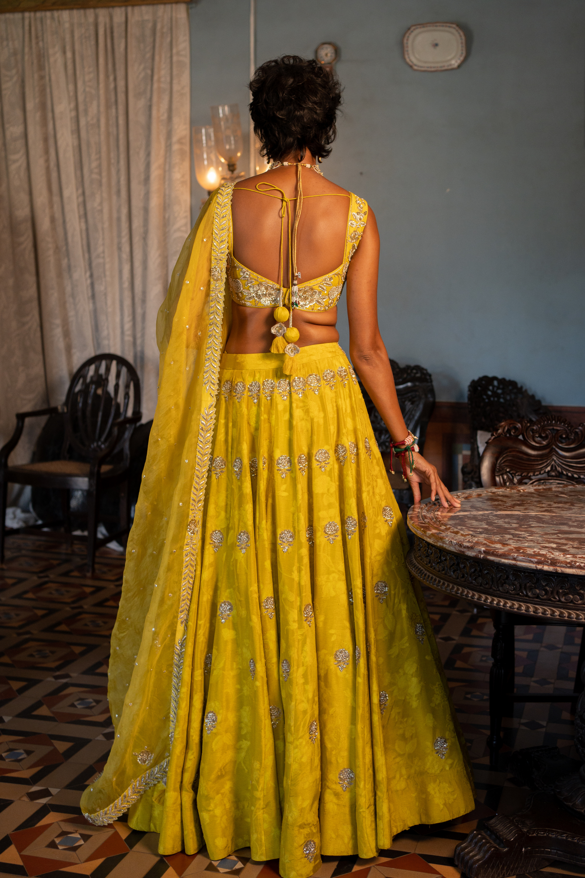 Yellow Self Woven Lehenga Set