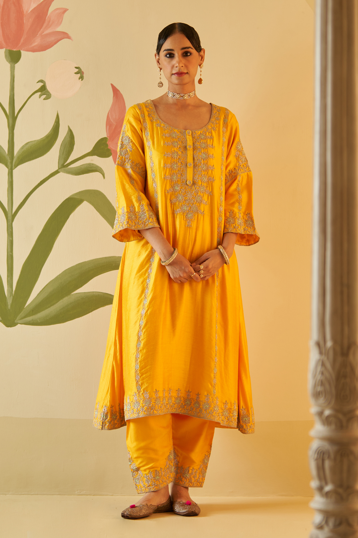 Yellow Chanderi Silk Choga Set