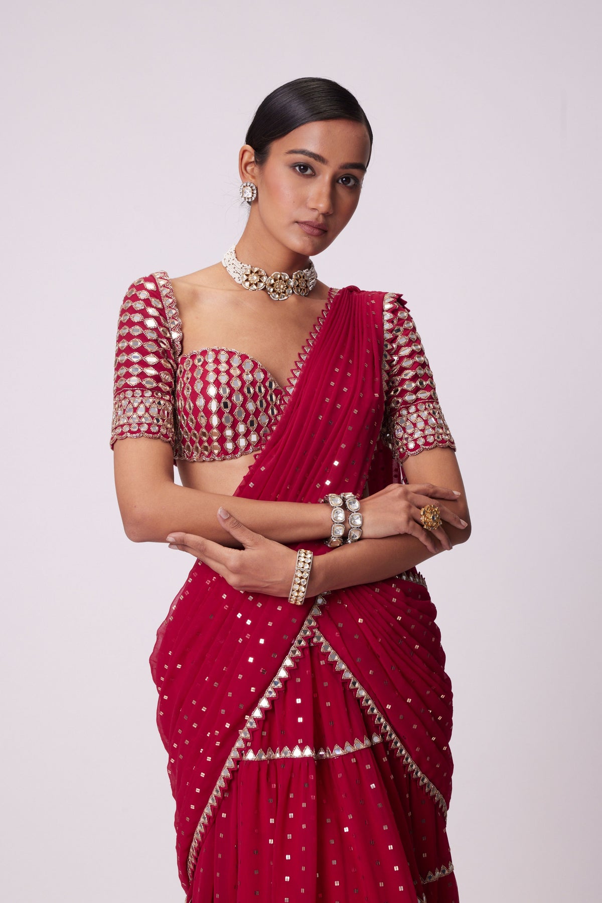Crimson Red Multitier Saree Set
