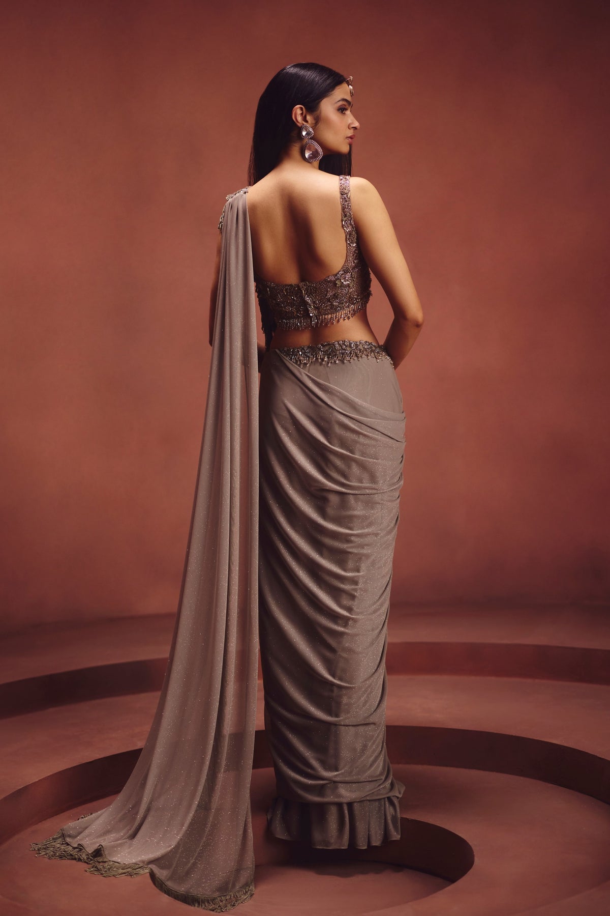 Metallic Grey Drape Saree Set
