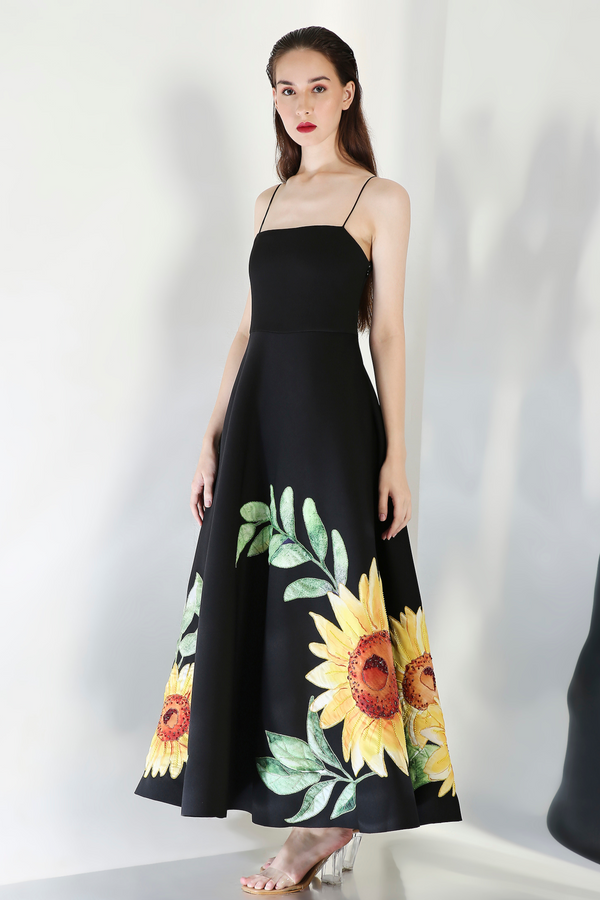 Ozeqo - Black Sunflower Embroidered Dress - Elahe