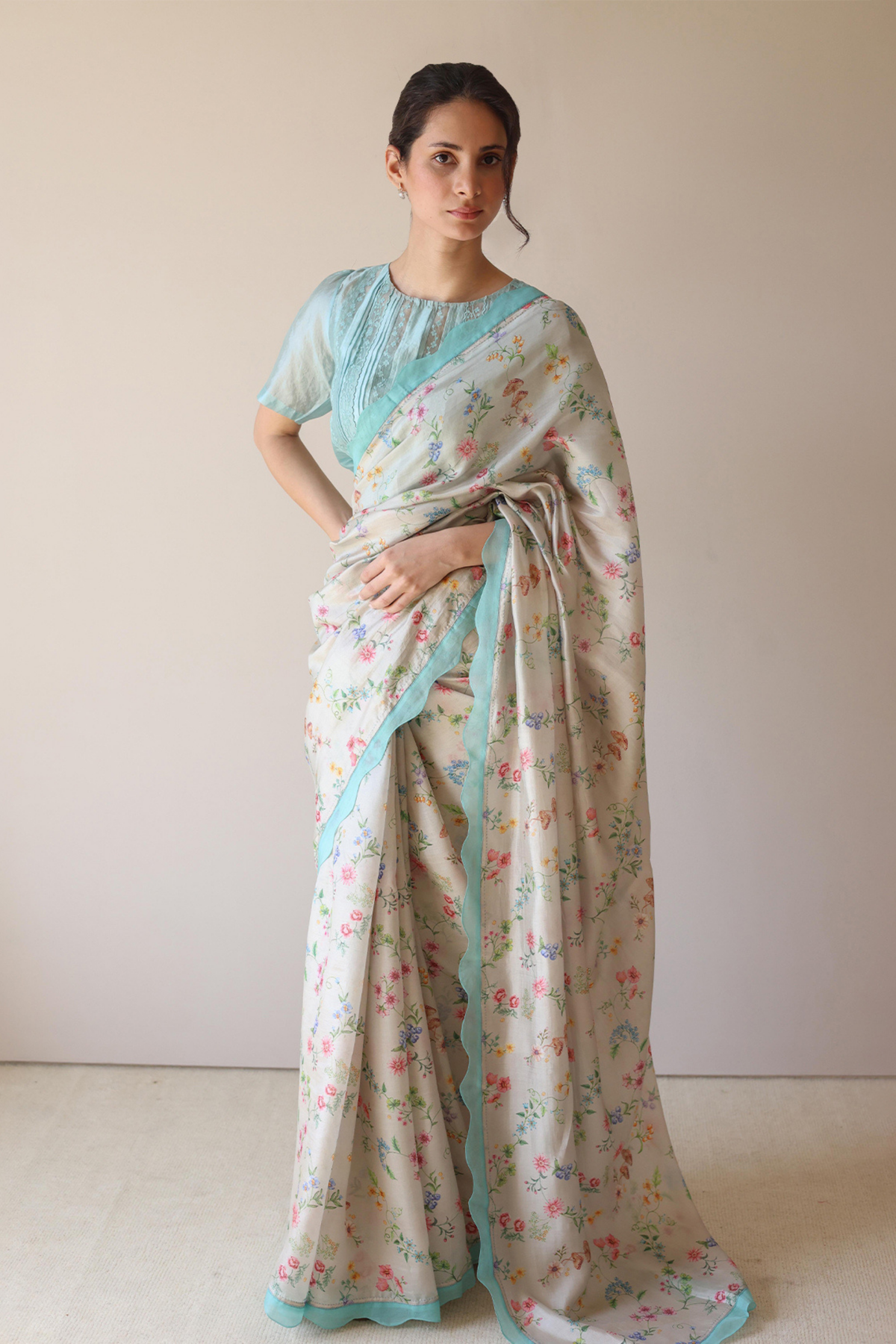 Forest Breeze Beige Scalloped Saree