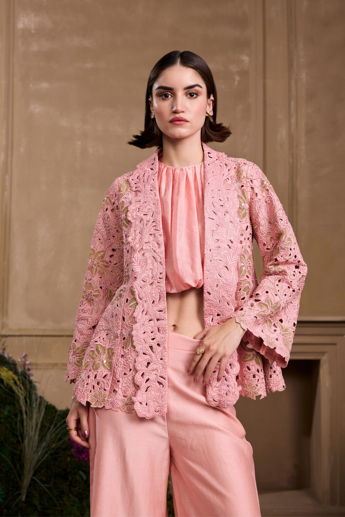 Rose Pink Cutwork Flared Jacket