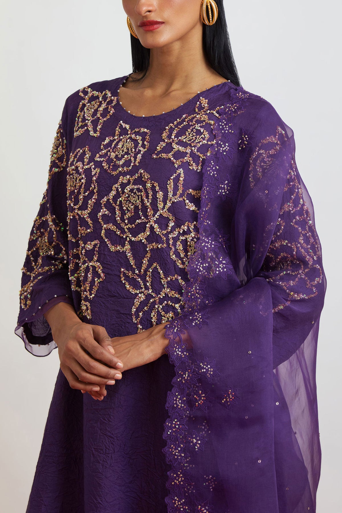 Violet Floral Encrusted Kurta Set