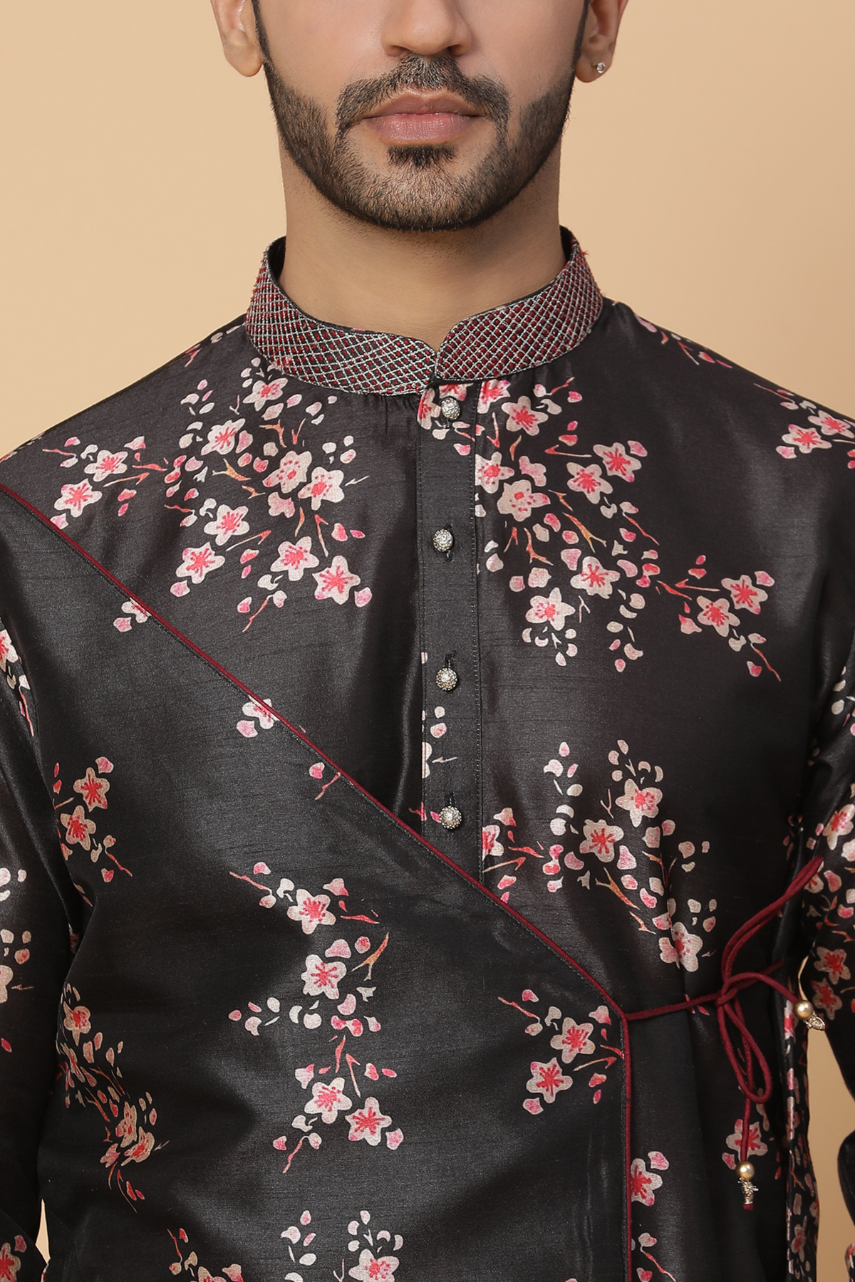 Black floral silk kurta