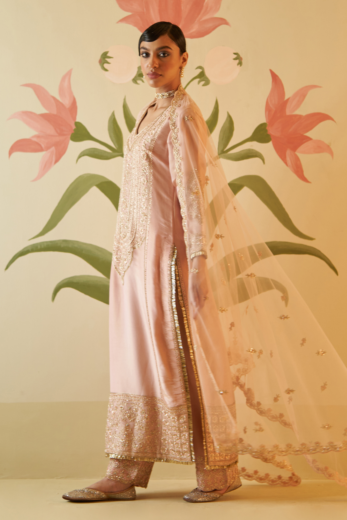 Peach Tissue Kurta Set