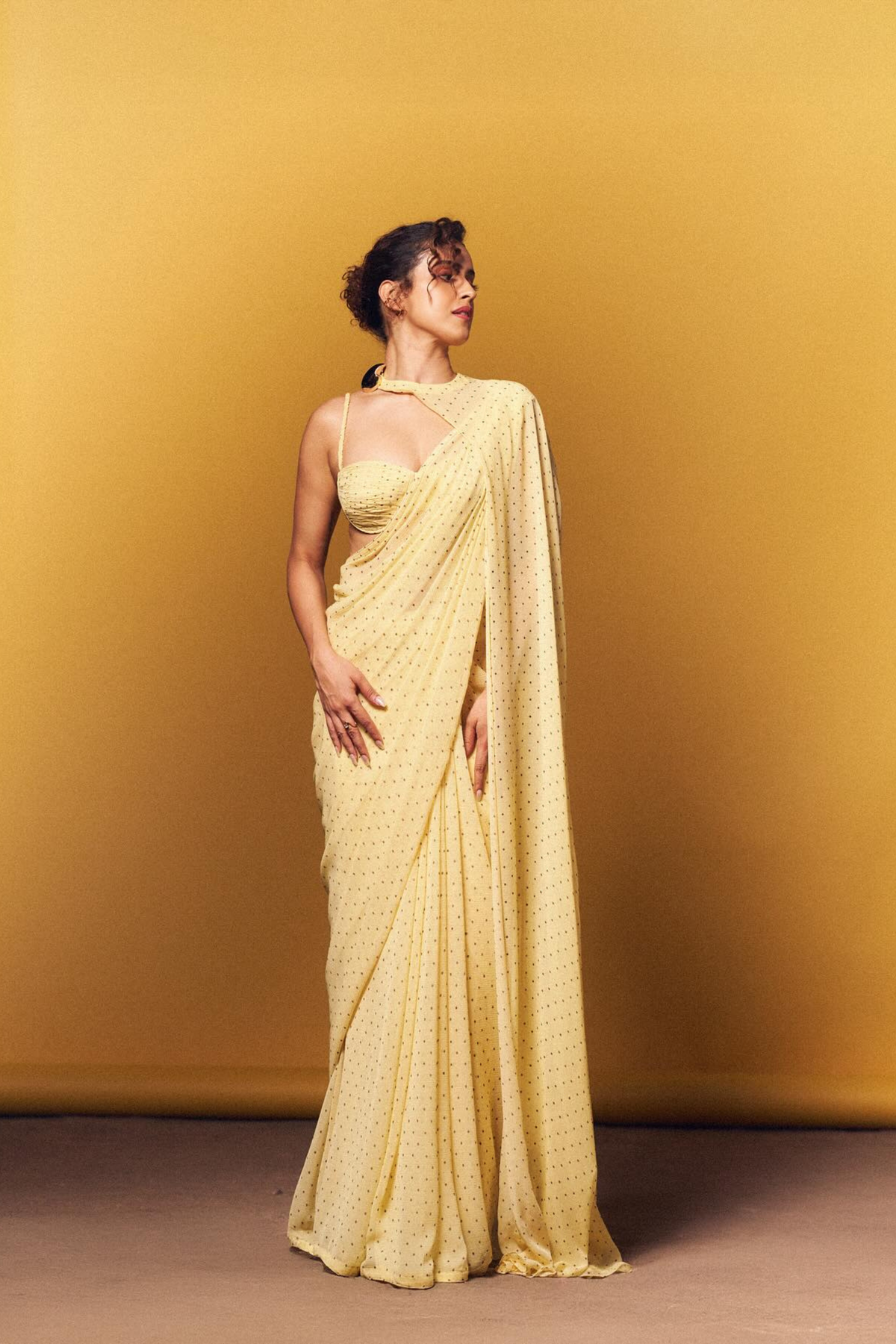 Sanya Malhotra in Butter Yellow Polka Dotted Saree