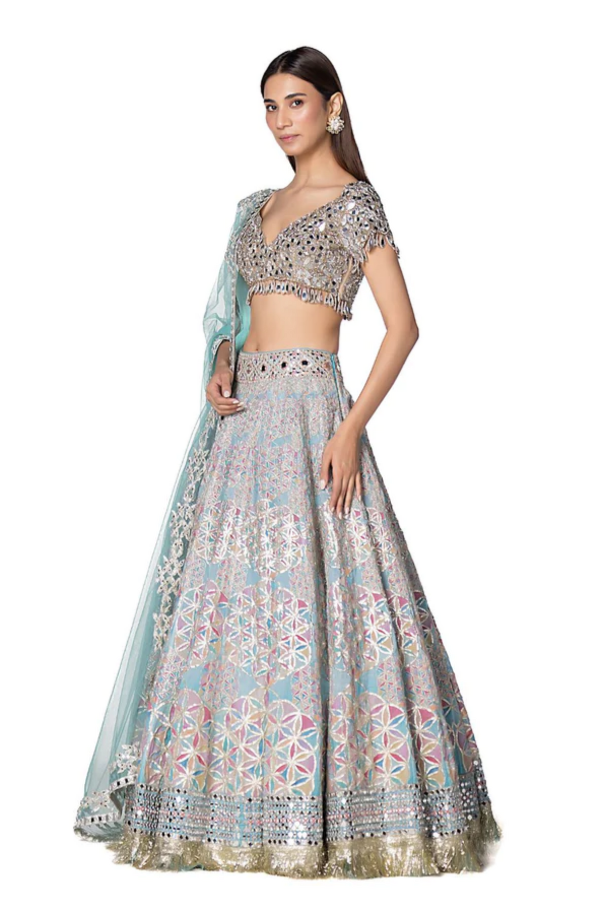 Aqua Coloured Geometric Patterned Lehenga Set