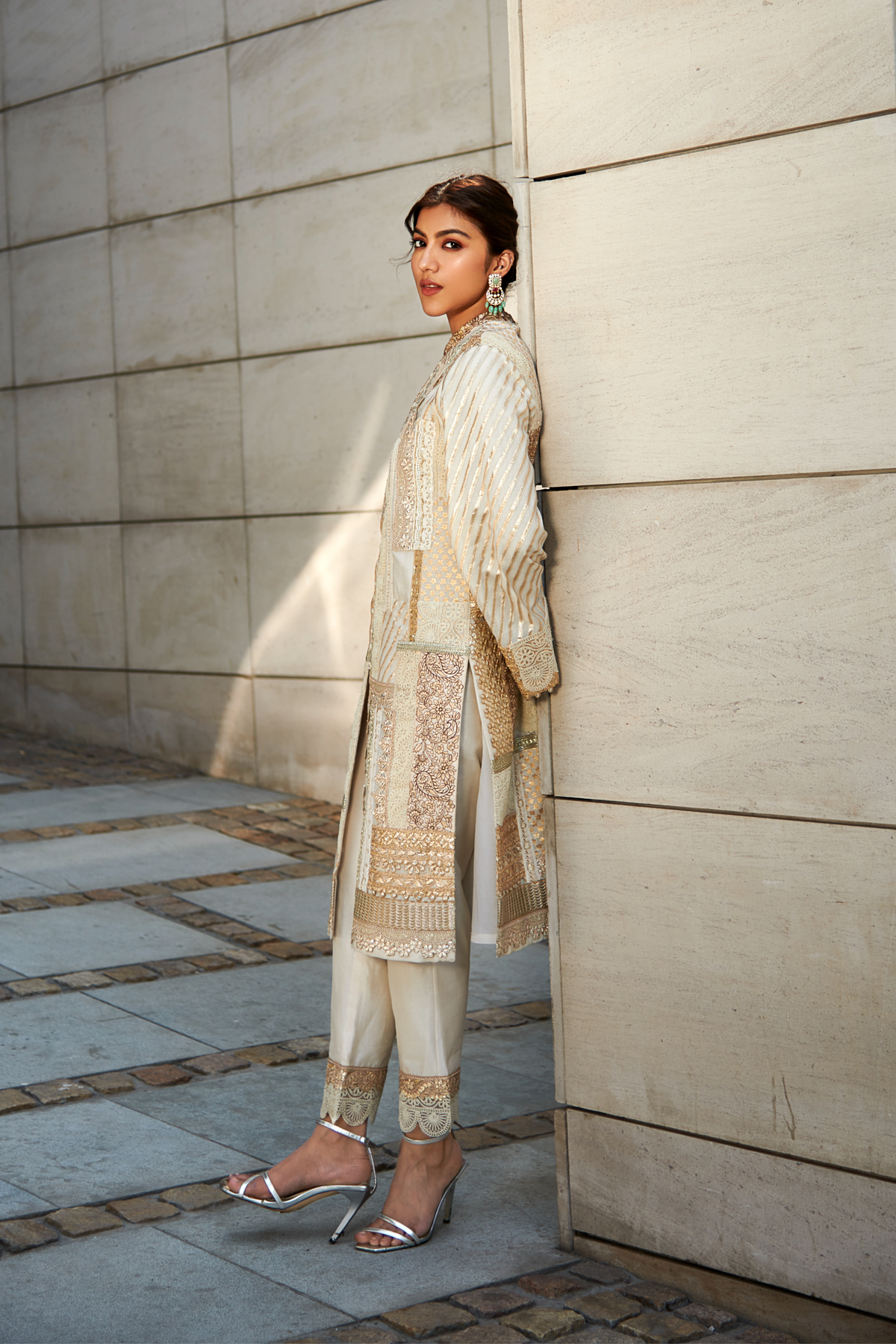 Multi patch ivory and gold front open suit set