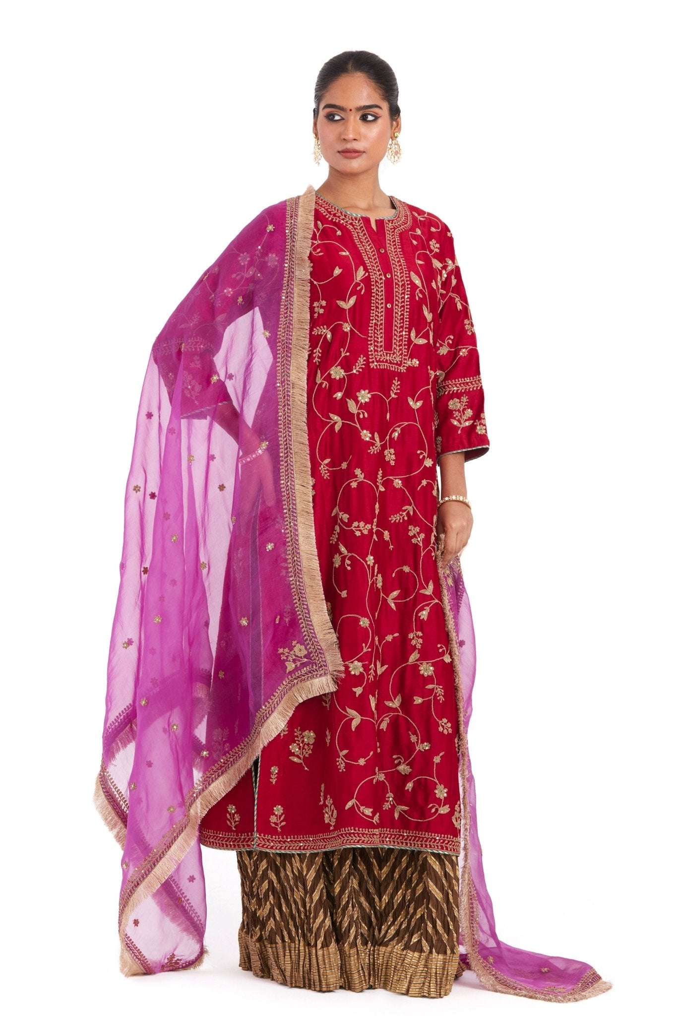 Red Chanderi Sharara Set - Kora - Elahe