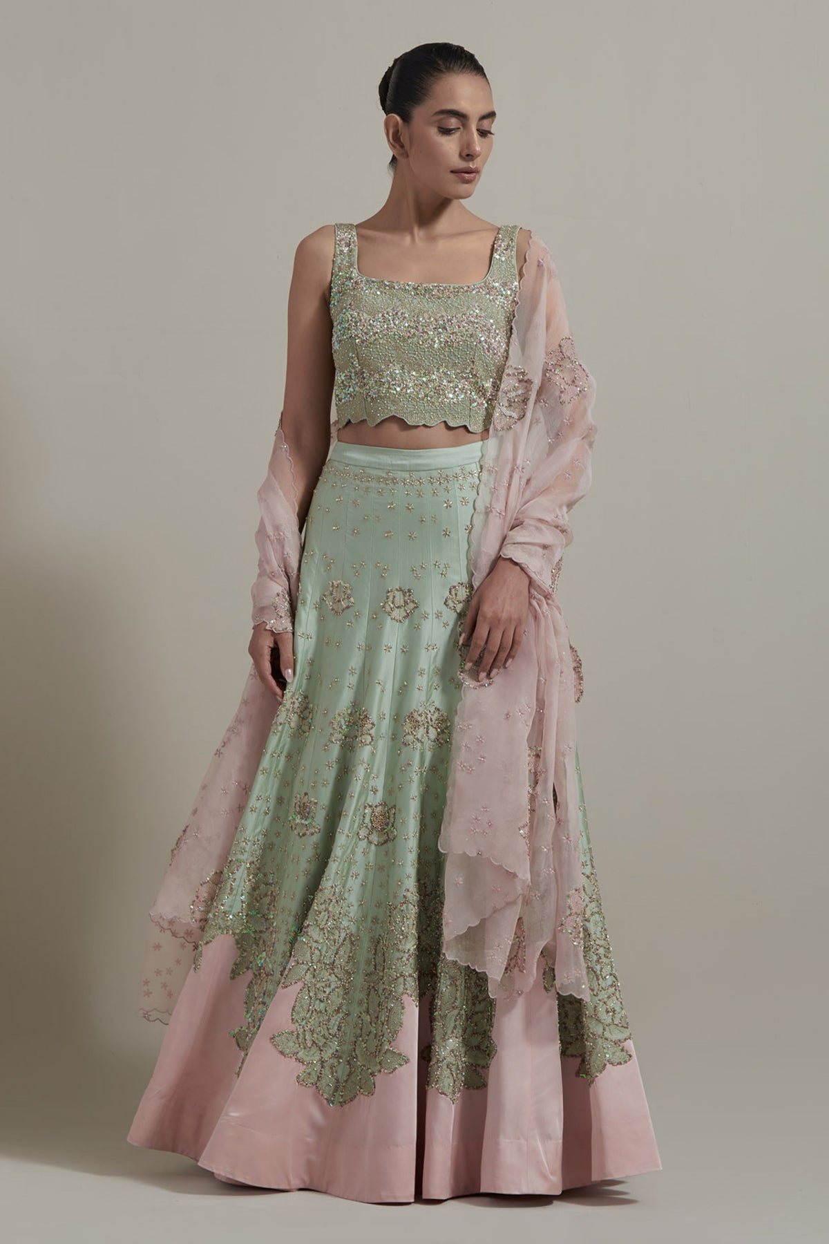 Green Embellished Lehenga Set