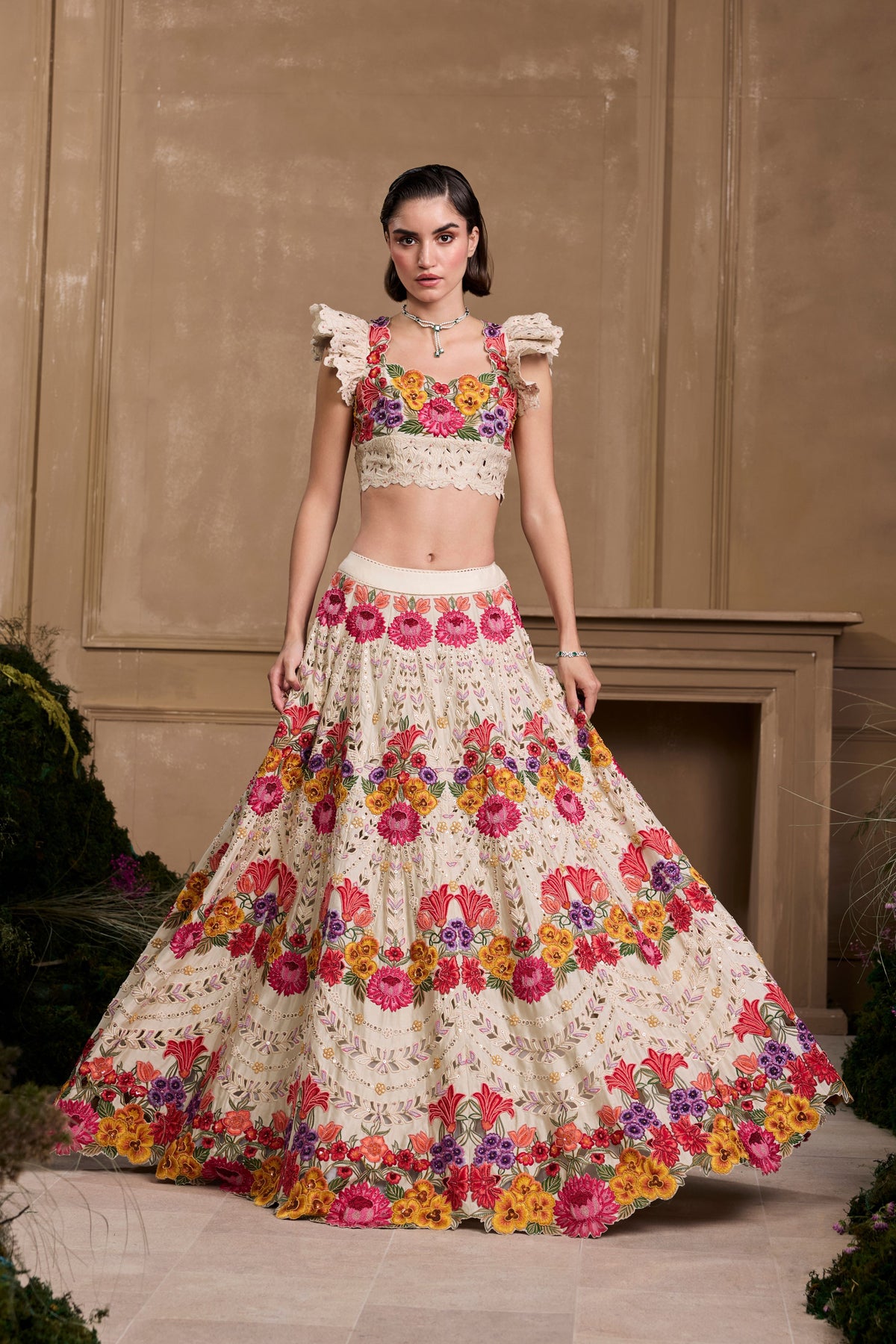 Ivory Multicoloured Floral Lehenga