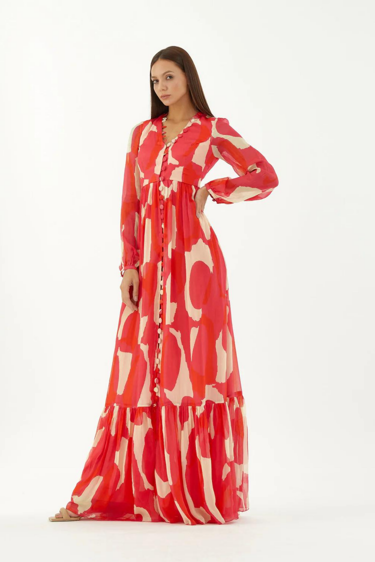 Hot Pink, Red And Beige Abstract Long Dress