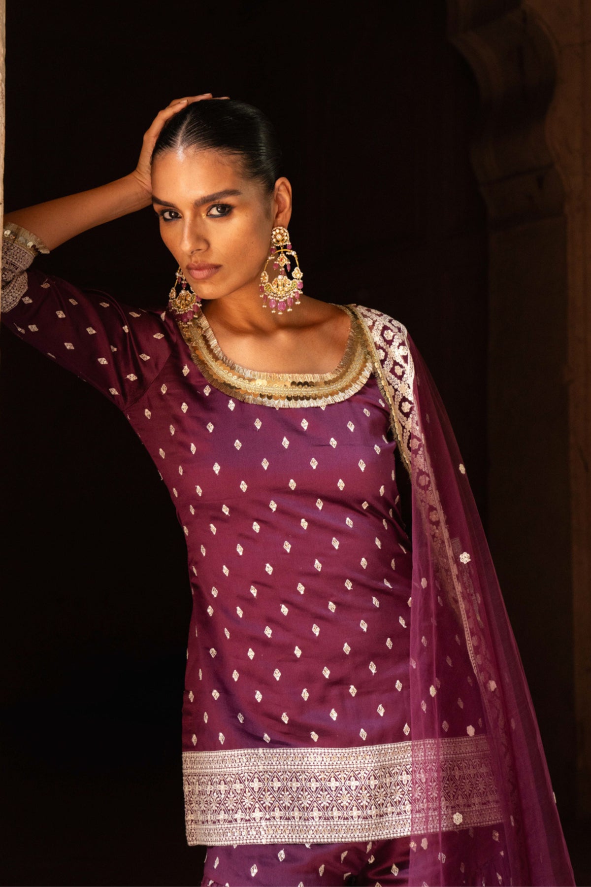 Wine Embroidered Sharara Set